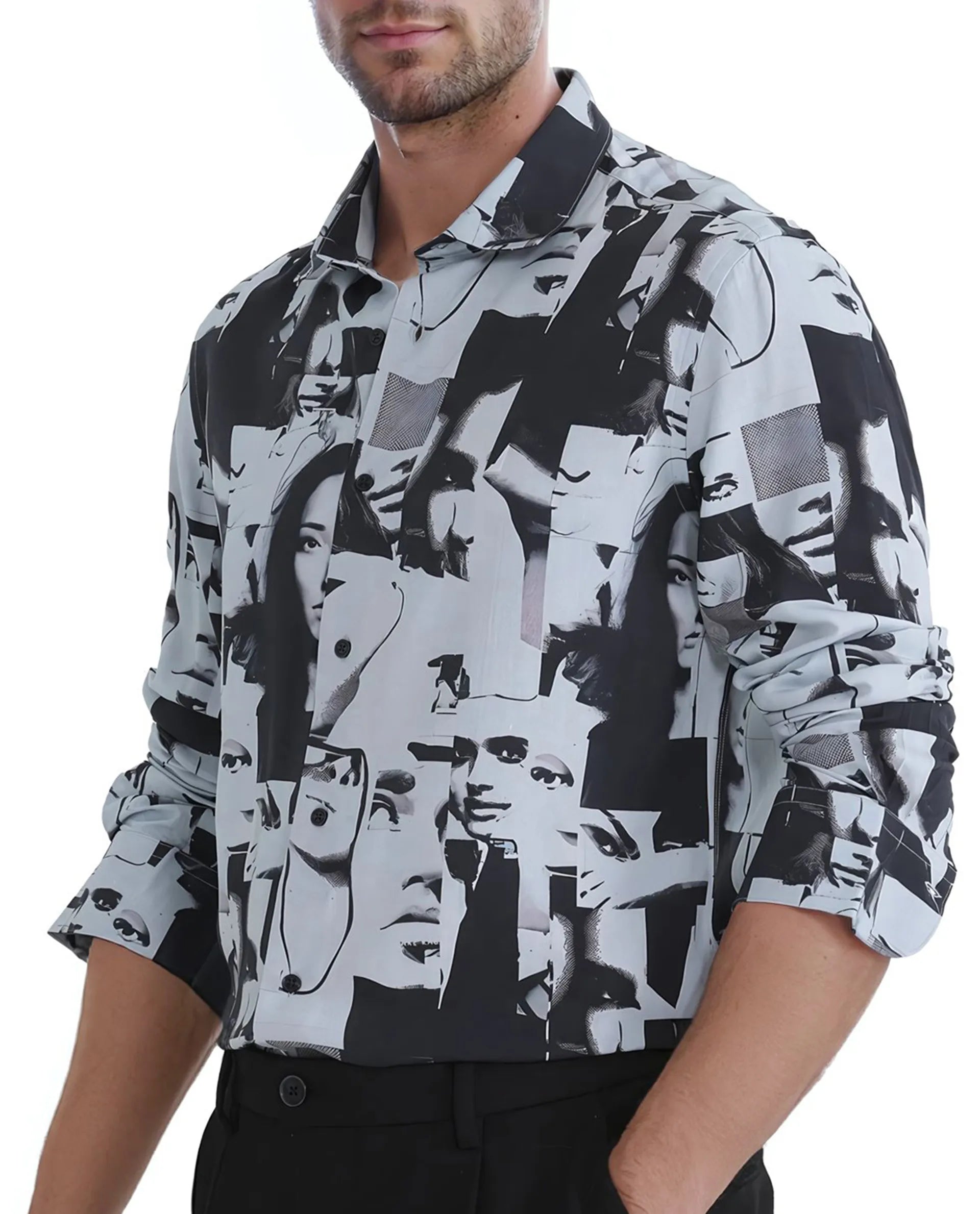 Rare Rabbit Men's Duval LS Grey Viscose Fabric Full Sleeves Regular Fit Abstract Print Shirt