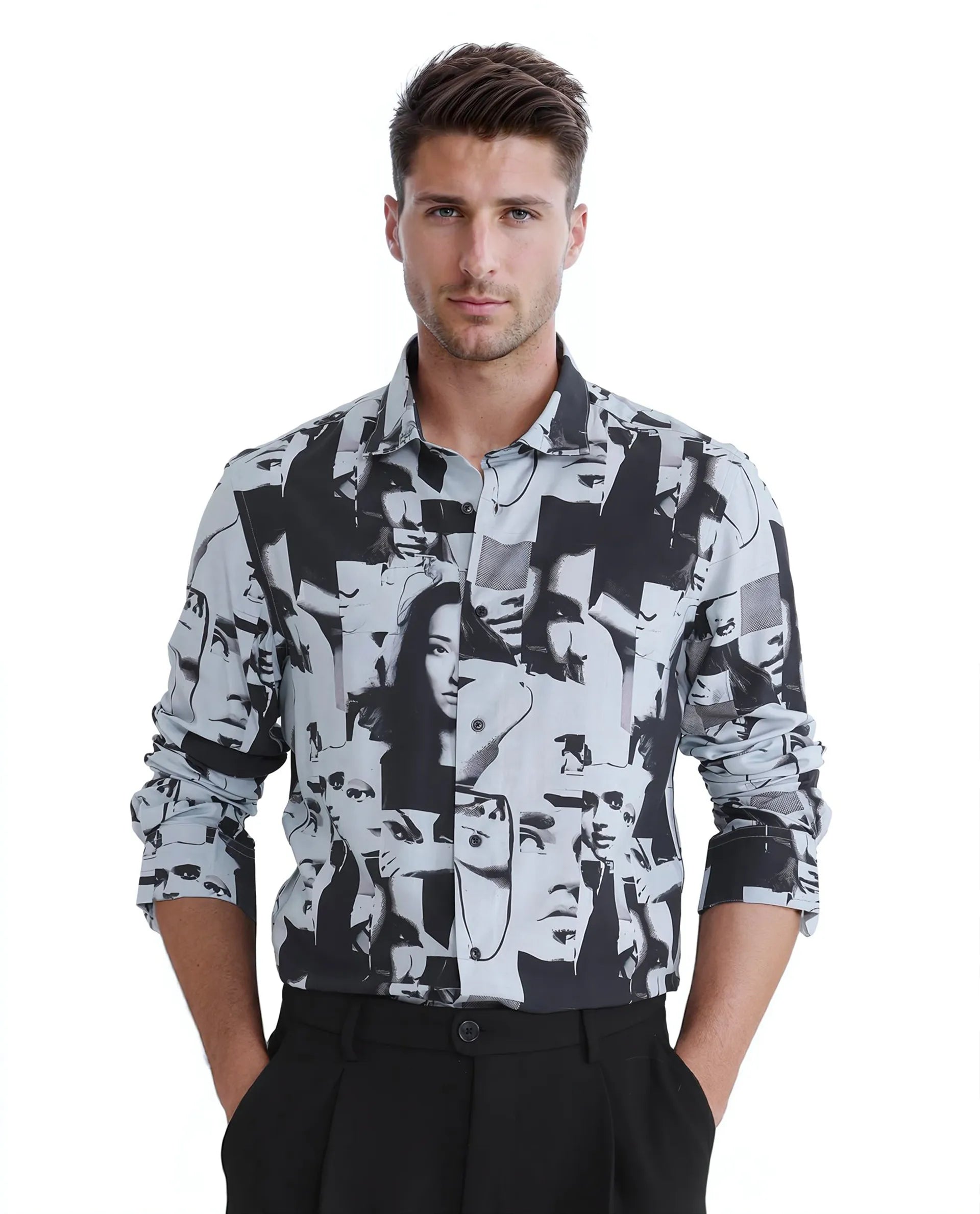 Rare Rabbit Men's Duval LS Grey Viscose Fabric Full Sleeves Regular Fit Abstract Print Shirt
