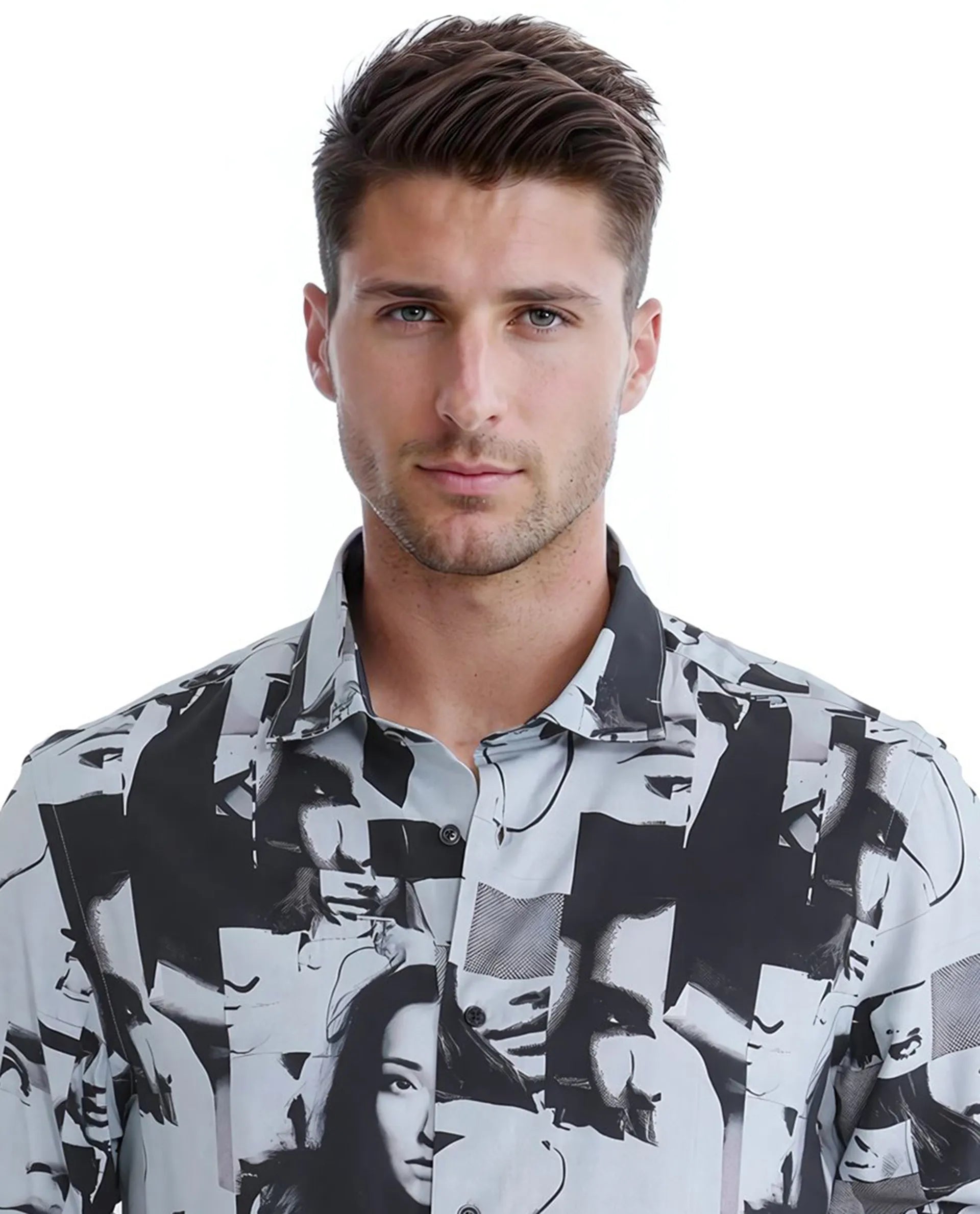 Rare Rabbit Men's Duval LS Grey Viscose Fabric Full Sleeves Regular Fit Abstract Print Shirt