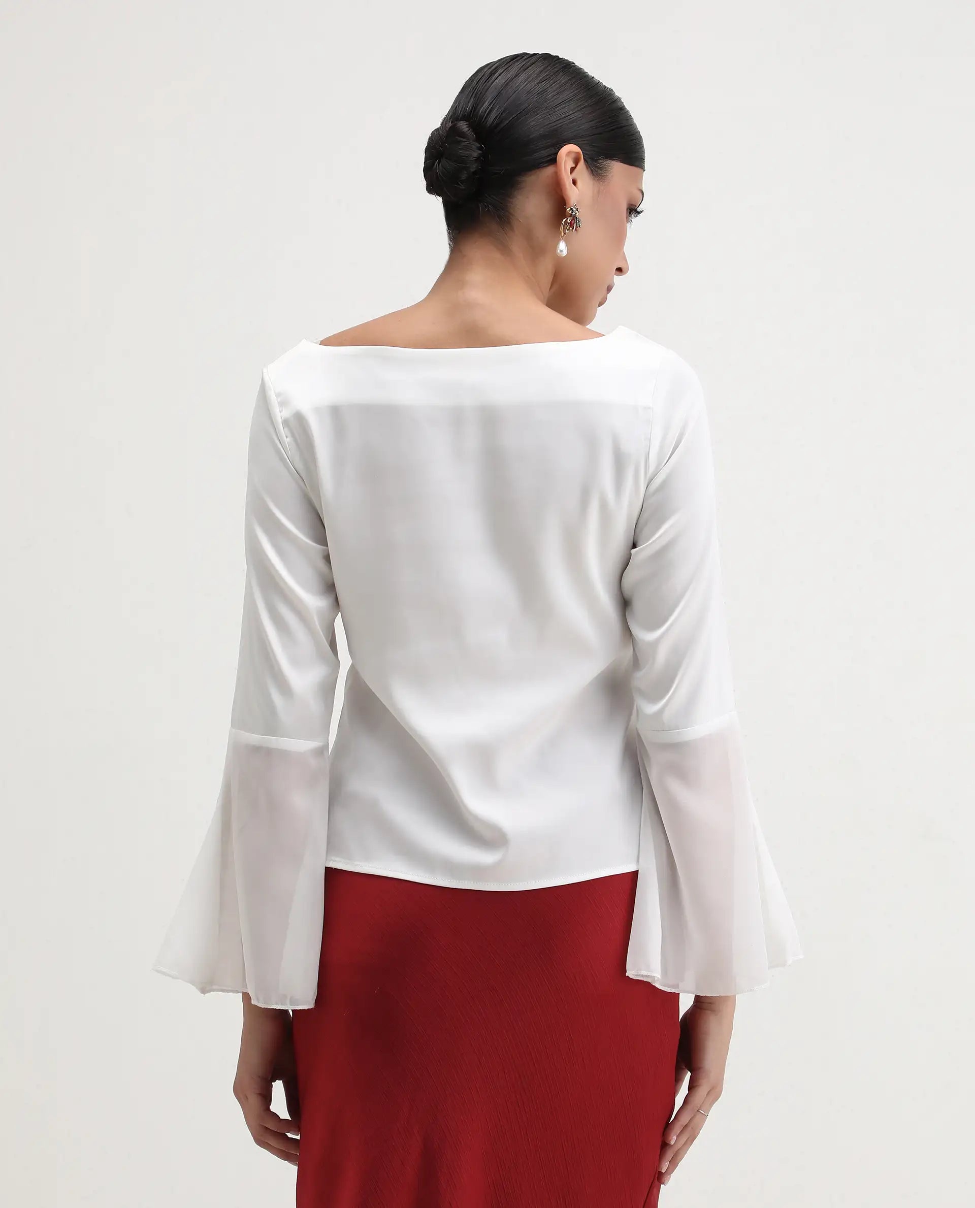 Rareism Women's Duvall White Polyester Blend Boat Neck Plain Bell Sleeve Regular Fit Top