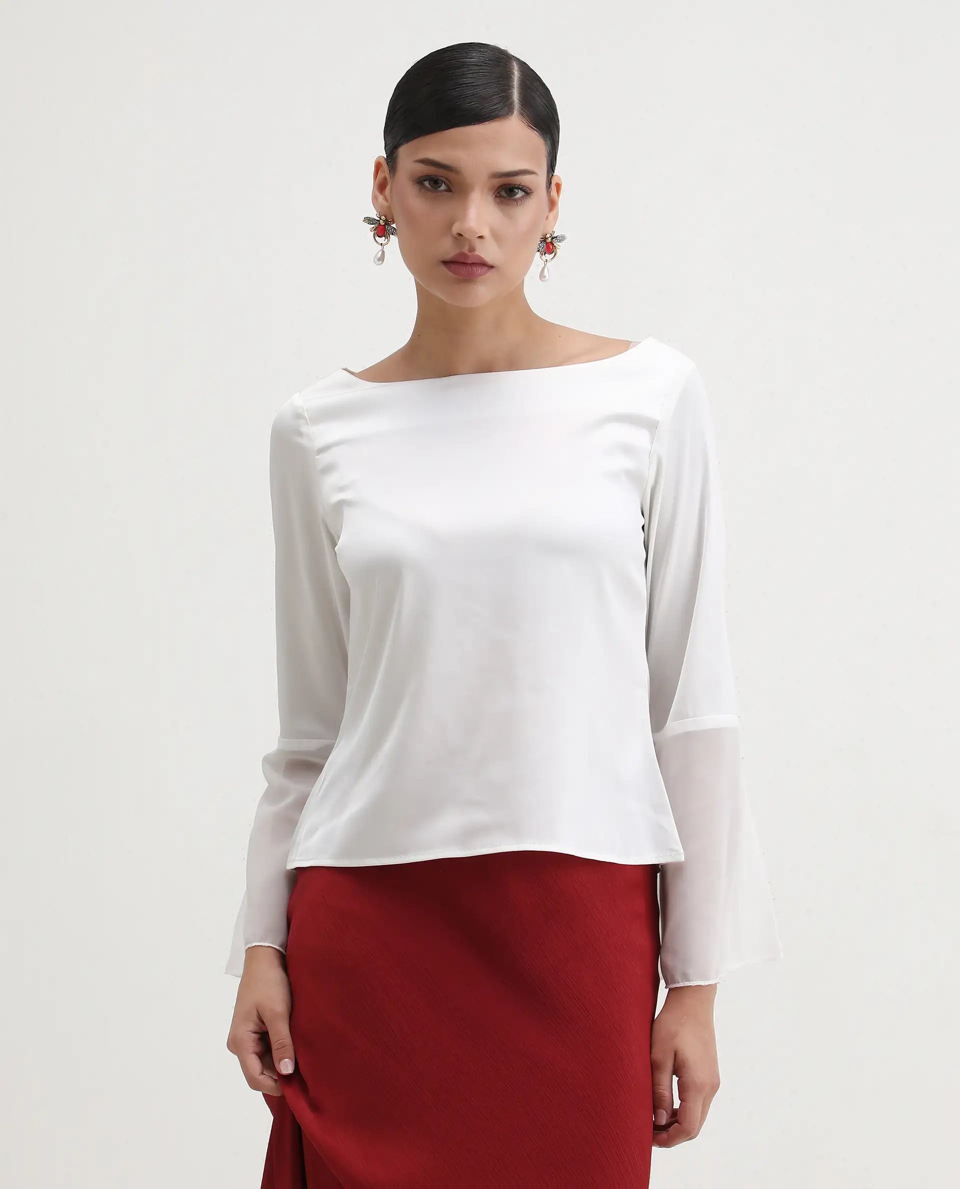 Rareism Women's Duvall White Polyester Blend Boat Neck Plain Bell Sleeve Regular Fit Top