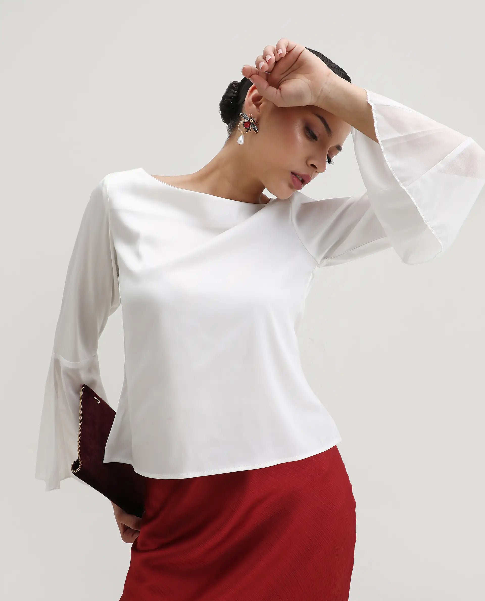 Rareism Women's Duvall White Polyester Blend Boat Neck Plain Bell Sleeve Regular Fit Top