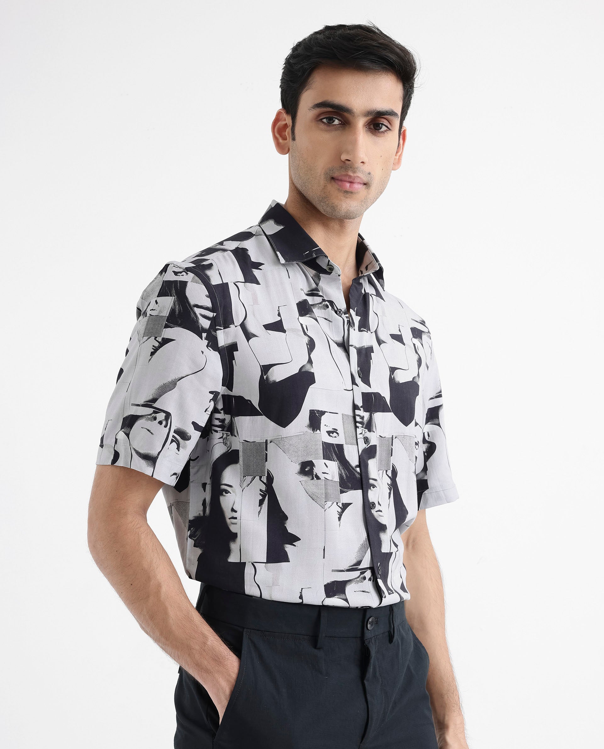 Rare Rabbit Men's Duval SS Grey Viscose Fabric Short Sleeves Boxy Fit Abstract Print Shirt