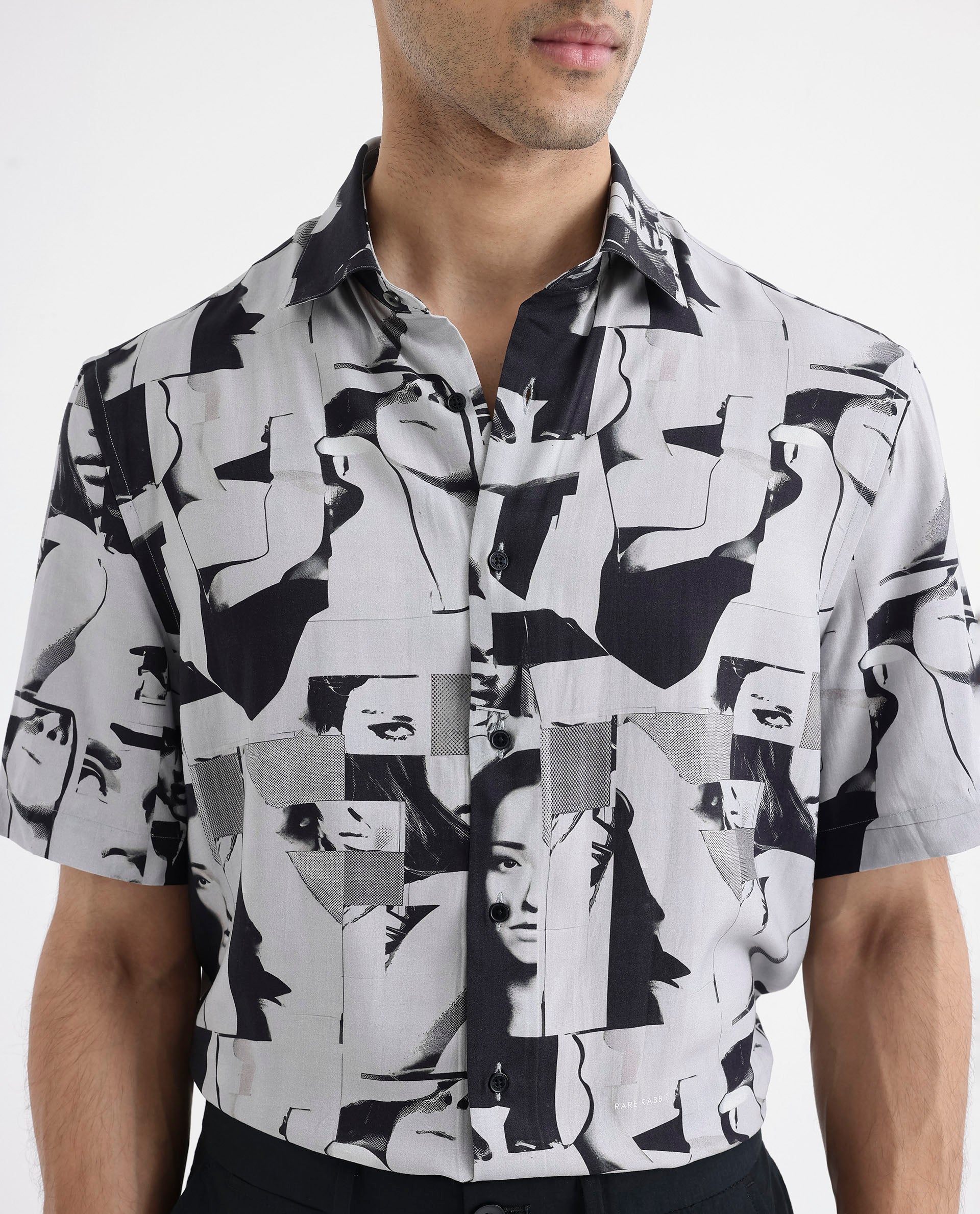 Rare Rabbit Men's Duval SS Grey Viscose Fabric Short Sleeves Boxy Fit Abstract Print Shirt