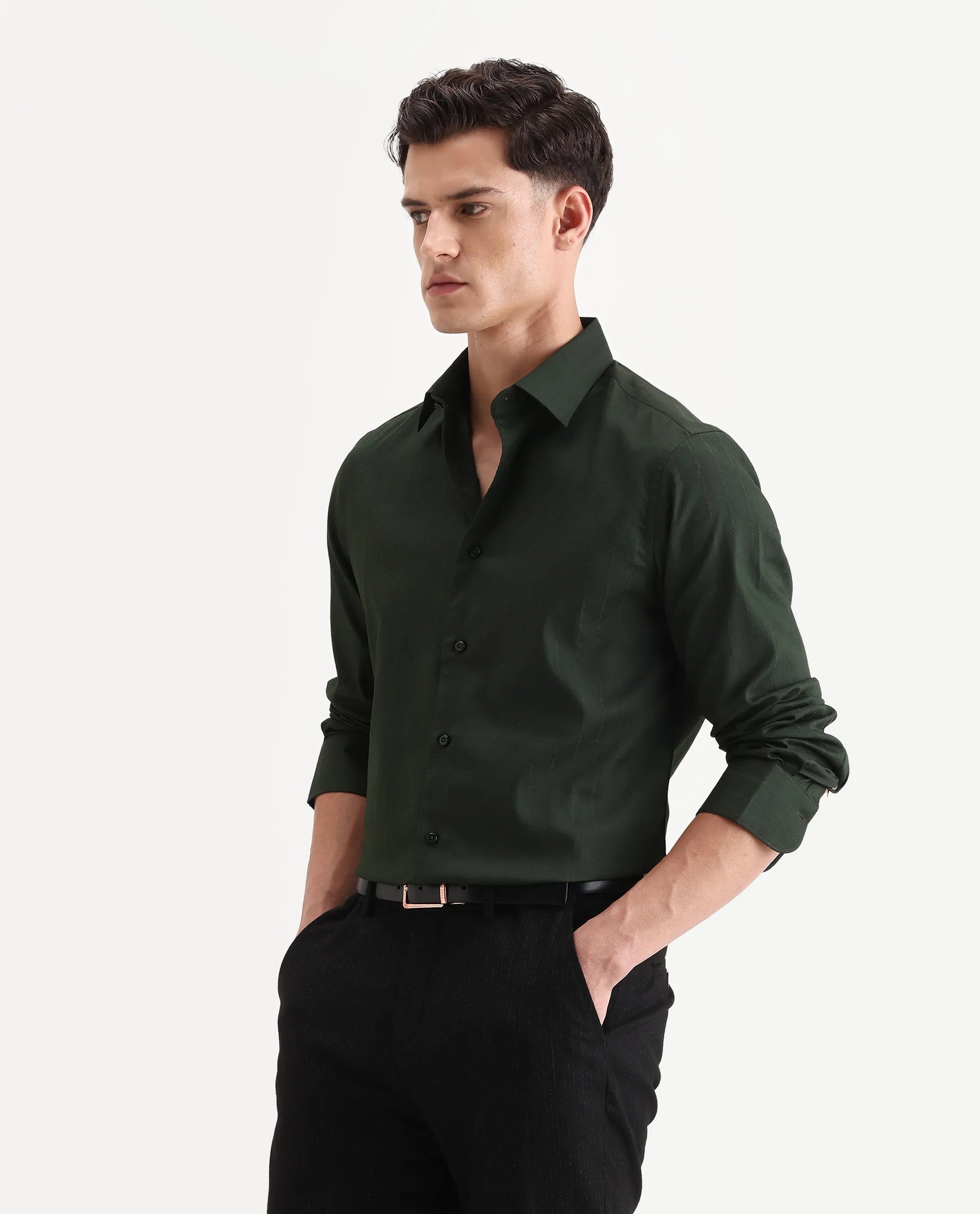 Rare Rabbit Men's Dyke Dark Green Cotton Blend Fabric Spread Collar Regular Fit Striped Shirt