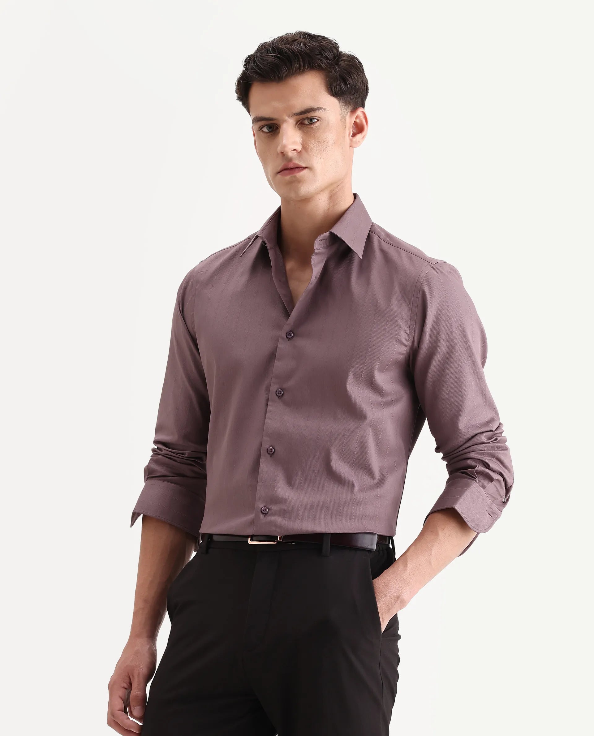 Rare Rabbit Men's Dyke Dusky Pink Cotton Blend Fabric Spread Collar Regular Fit Striped Shirt