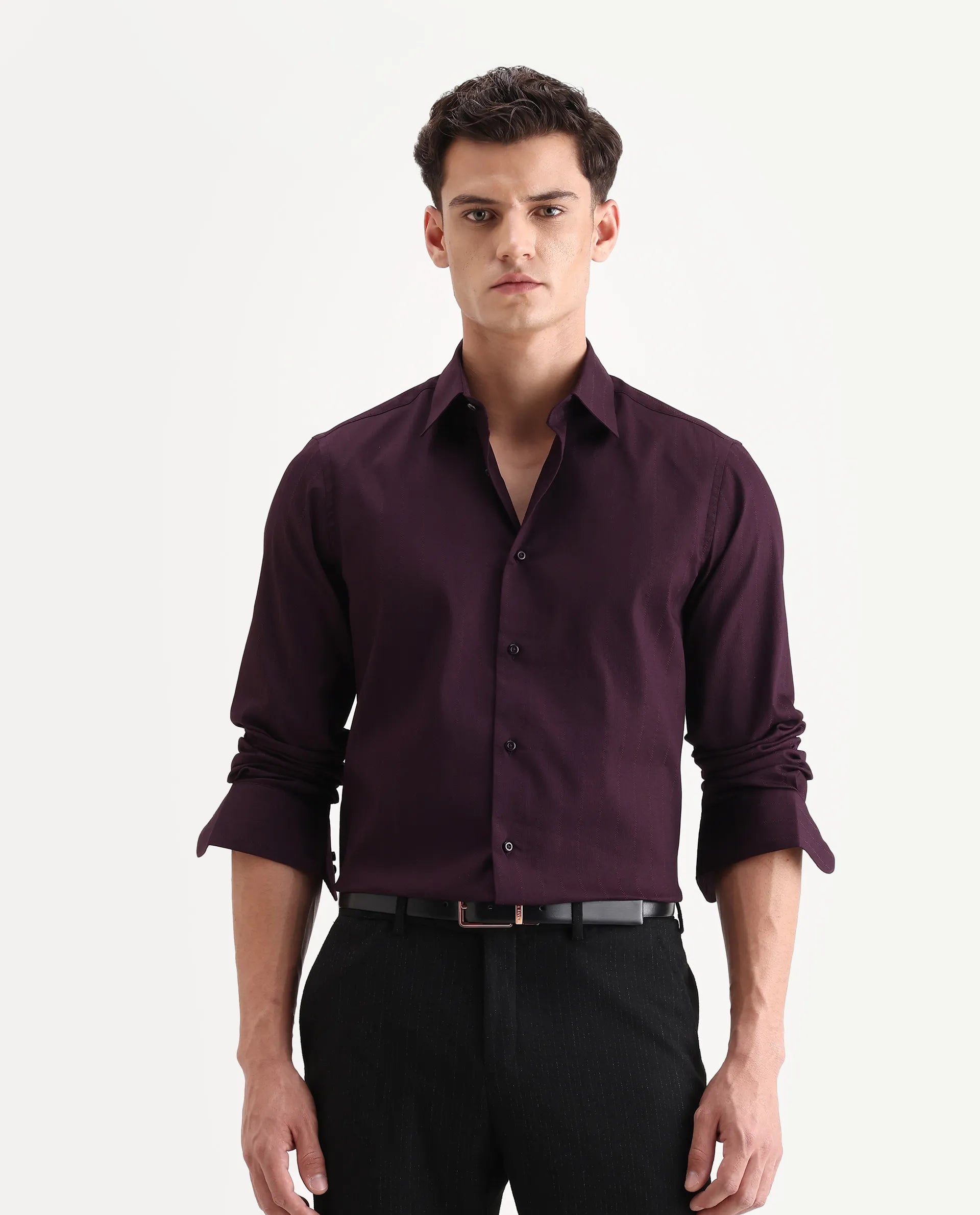 Rare Rabbit Men's Dyke Dark Purple Cotton Blend Fabric Spread Collar Regular Fit Striped Shirt