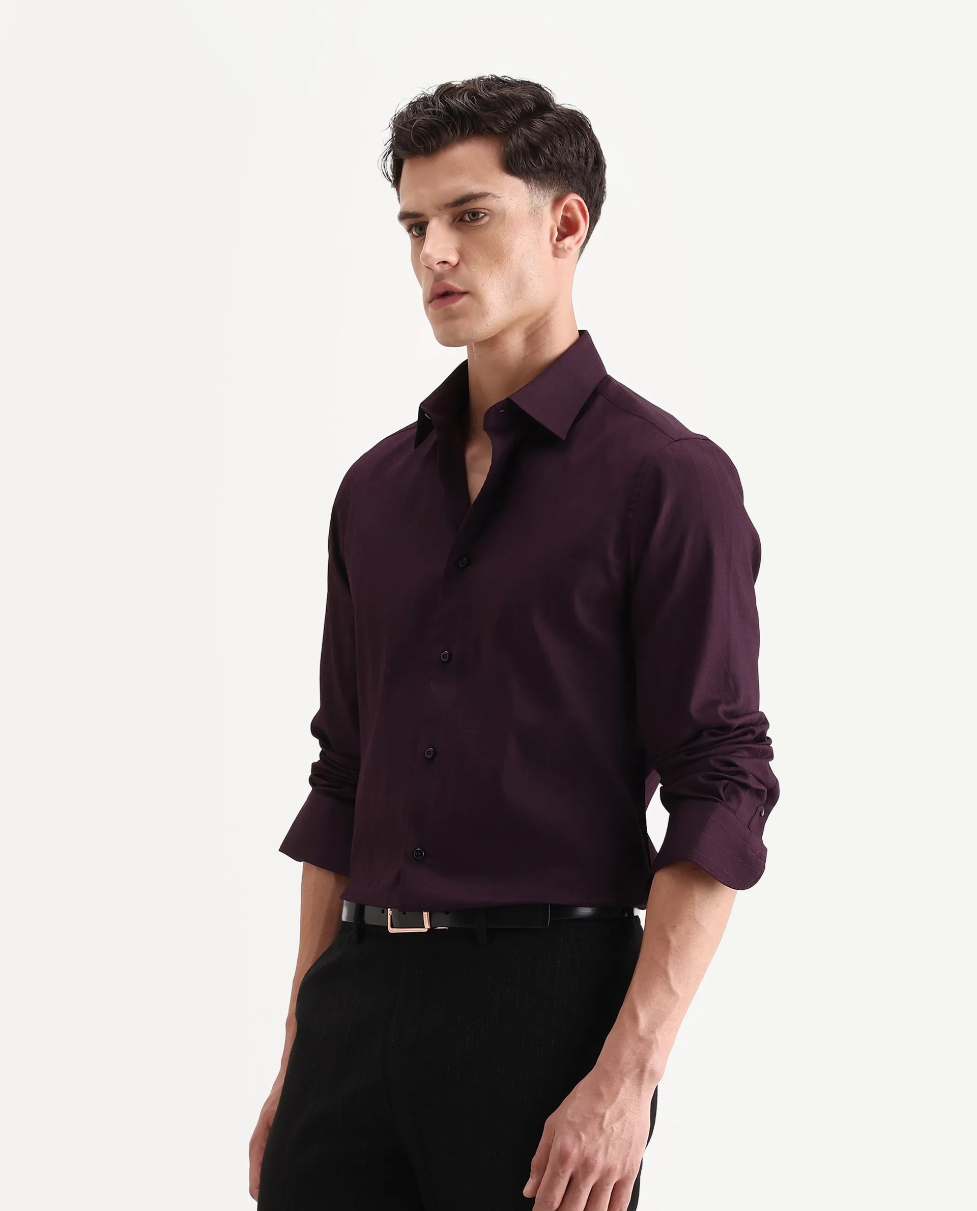 Rare Rabbit Men's Dyke Dark Purple Cotton Blend Fabric Spread Collar Regular Fit Striped Shirt