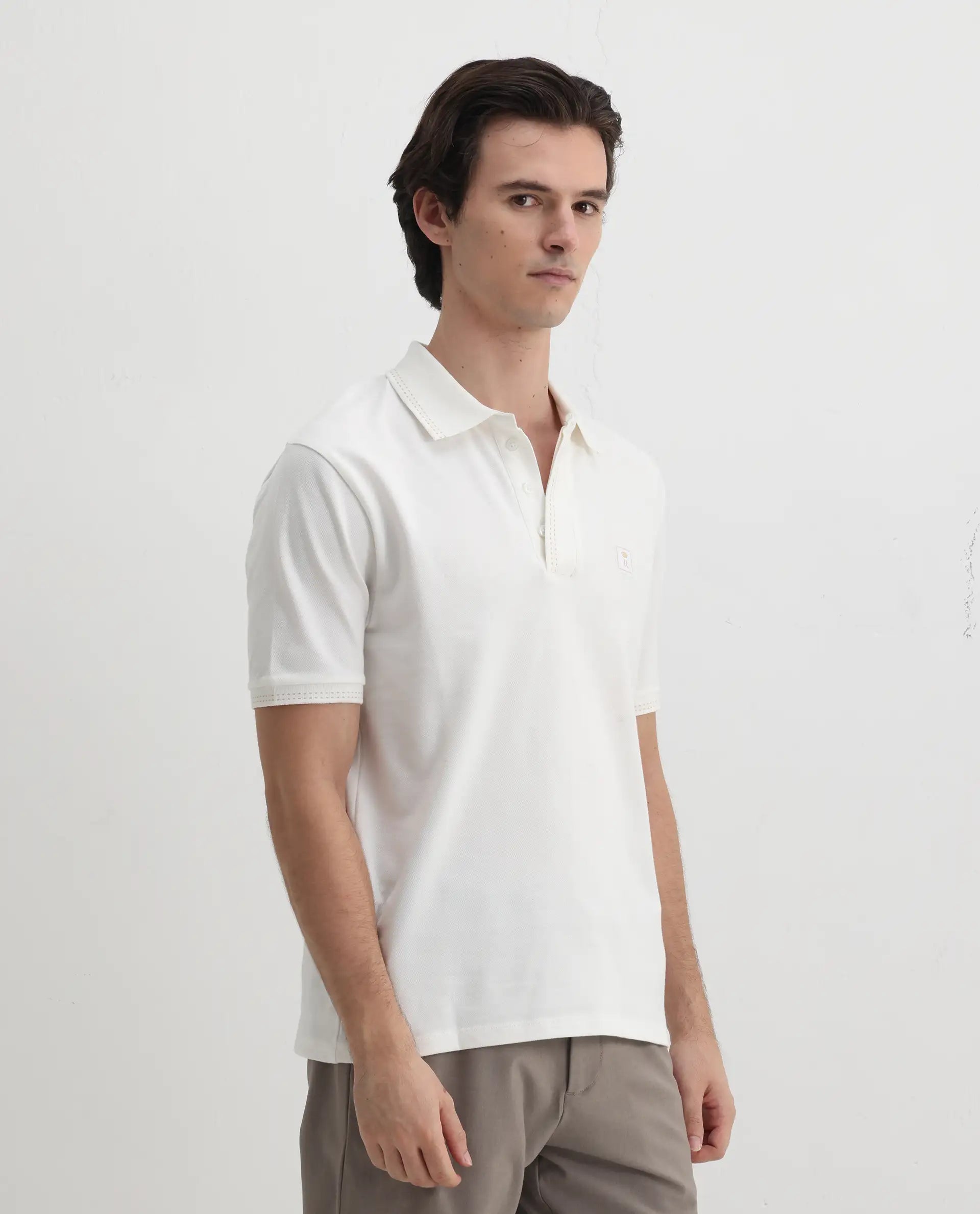 Rare Rabbit Men's Dylan White Cotton Blend Plain Regular Fit Half Sleeve Polo