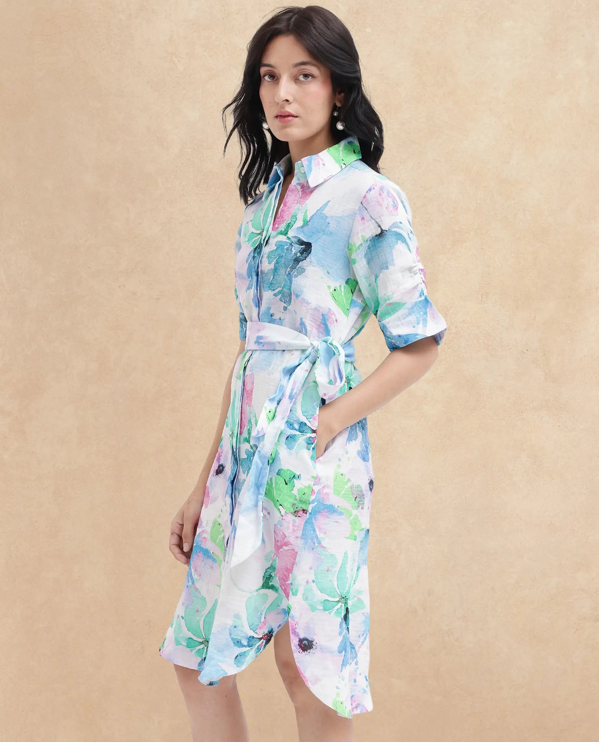 Rareism Women Dyusa Multi Cotton Fabric Short Sleeve Collared Neck Floral Print Longline Dress