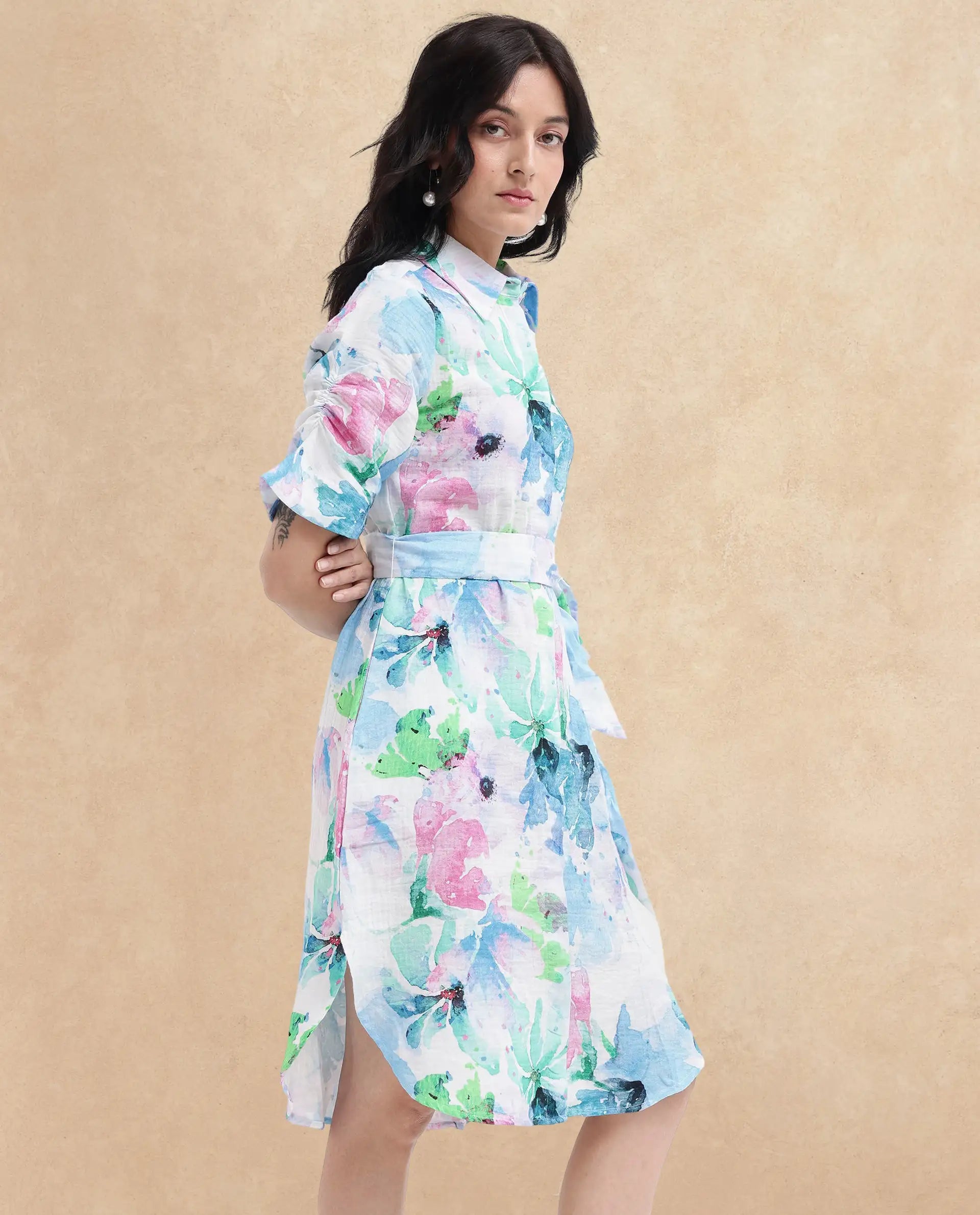 Rareism Women Dyusa Multi Cotton Fabric Short Sleeve Collared Neck Floral Print Longline Dress