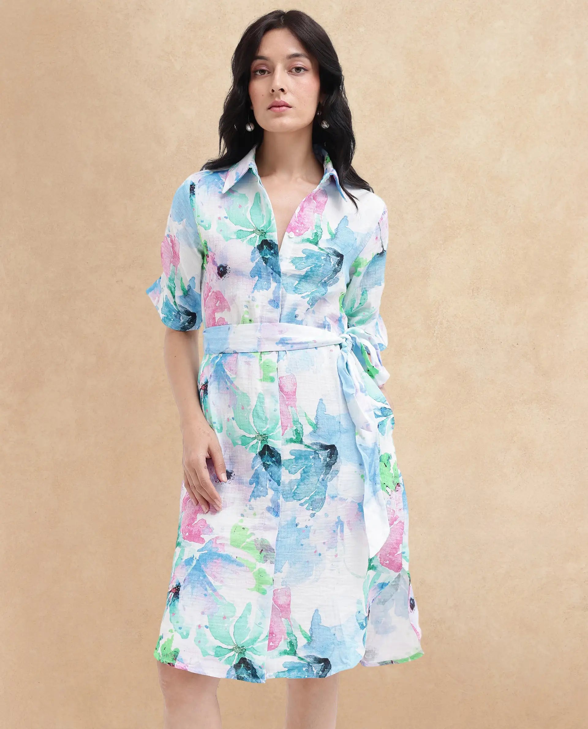 Rareism Women Dyusa Multi Cotton Fabric Short Sleeve Collared Neck Floral Print Longline Dress