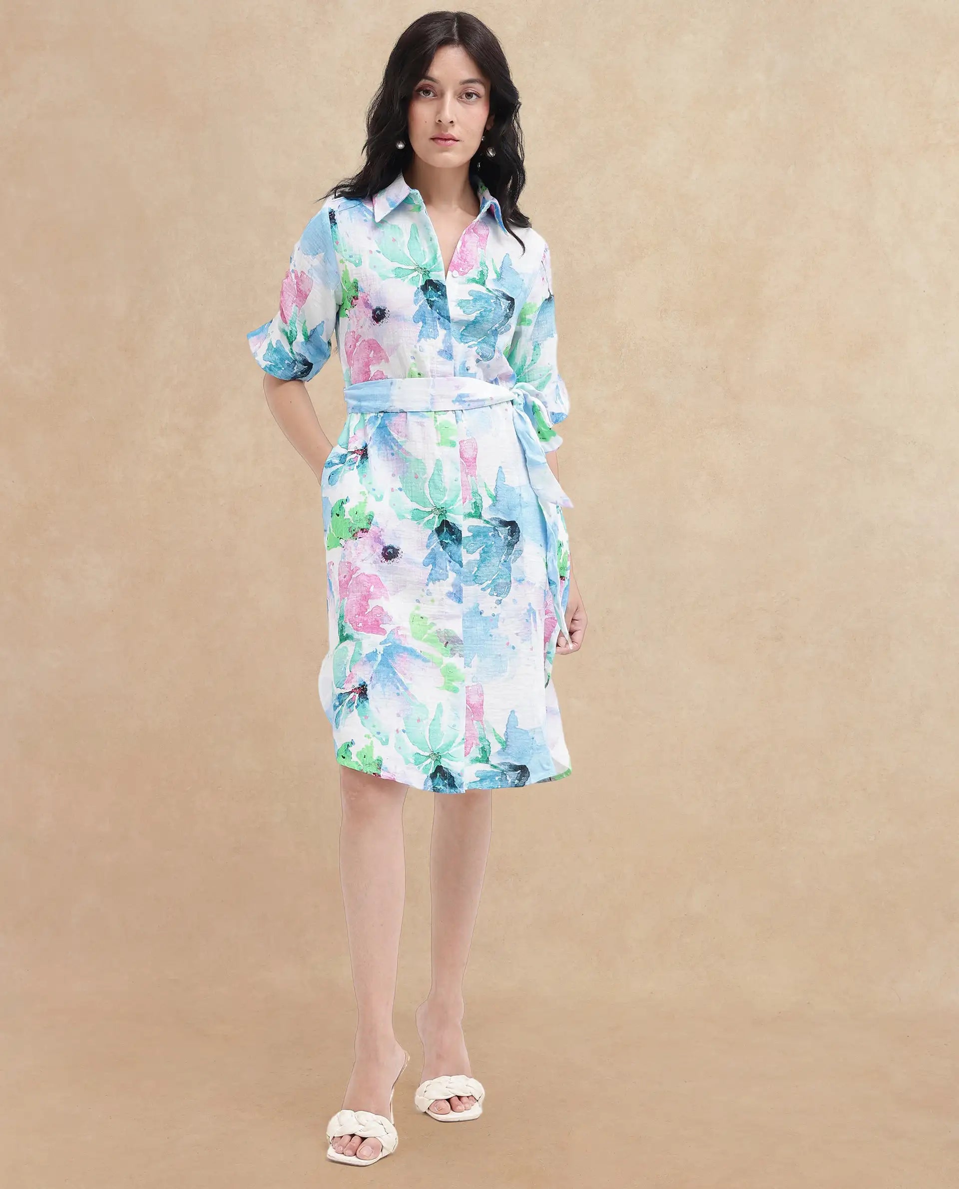 Rareism Women Dyusa Multi Cotton Fabric Short Sleeve Collared Neck Floral Print Longline Dress