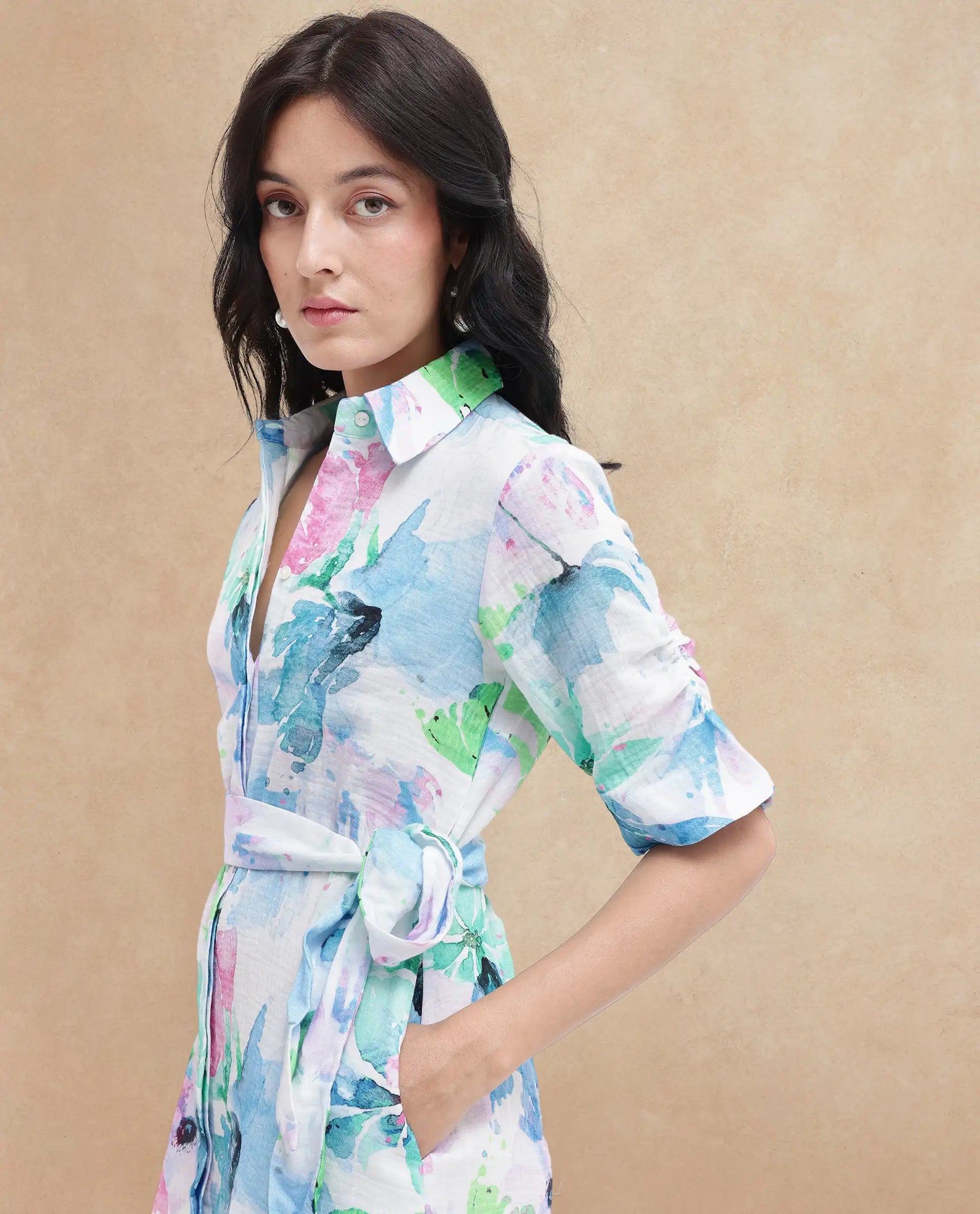 Rareism Women Dyusa Multi Cotton Fabric Short Sleeve Collared Neck Floral Print Longline Dress