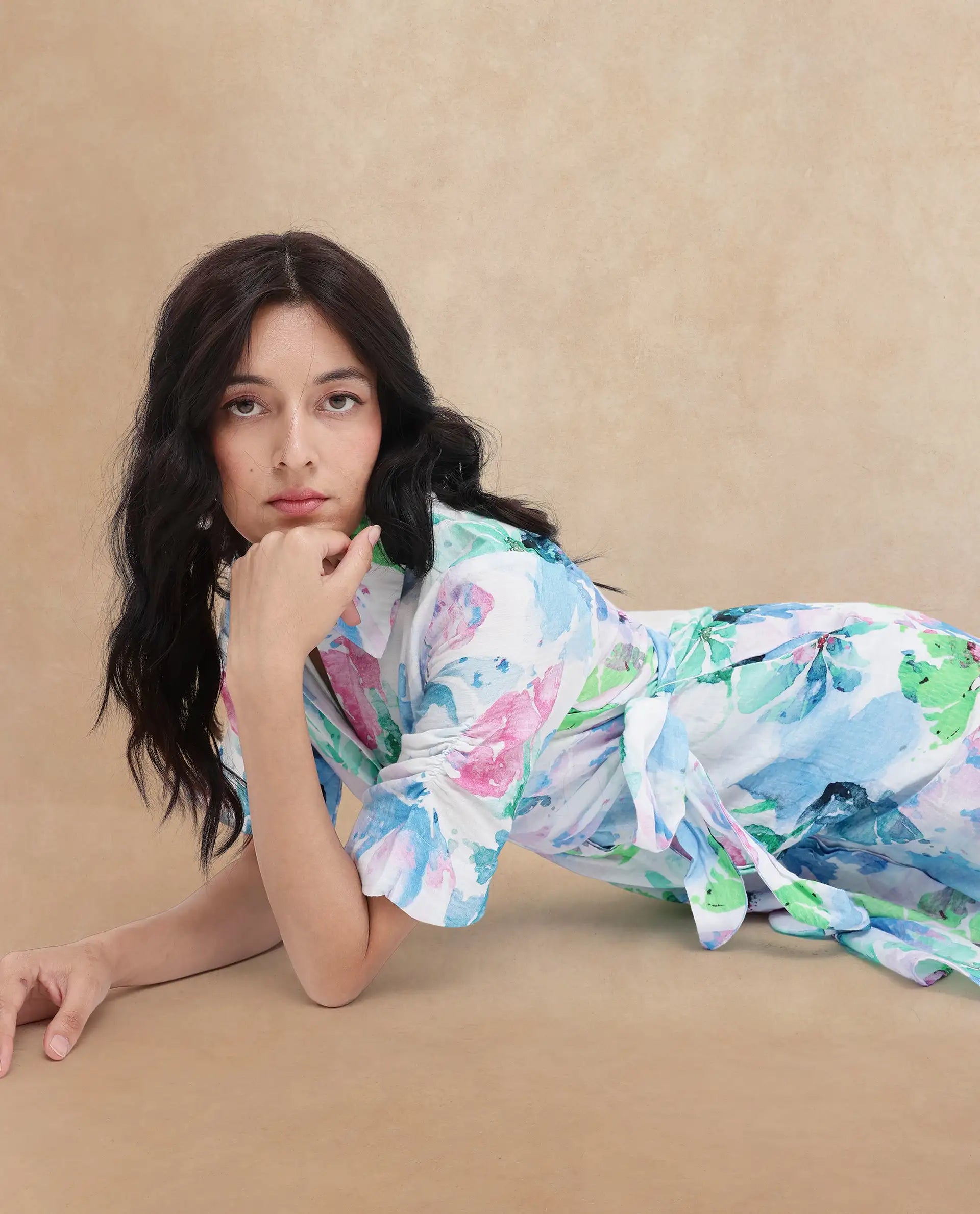 Rareism Women Dyusa Multi Cotton Fabric Short Sleeve Collared Neck Floral Print Longline Dress