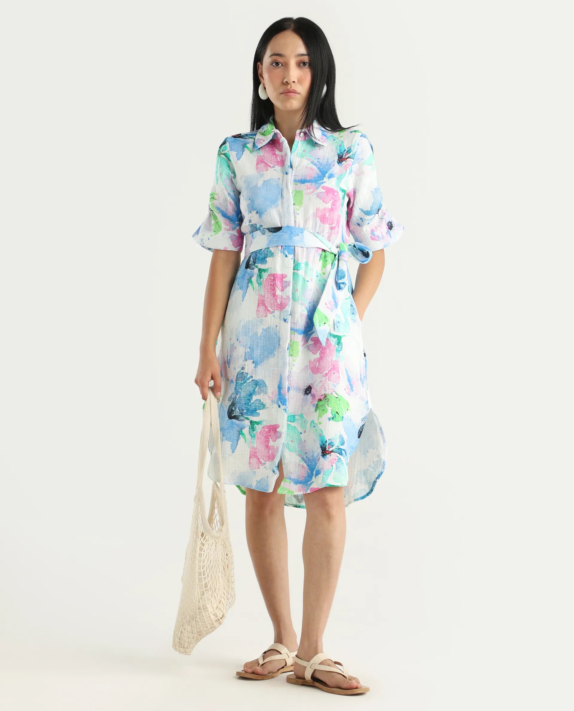 Rareism Women's Dyusa Multi Cotton Drop Collar Floral Print Knee Length A-Line Dress