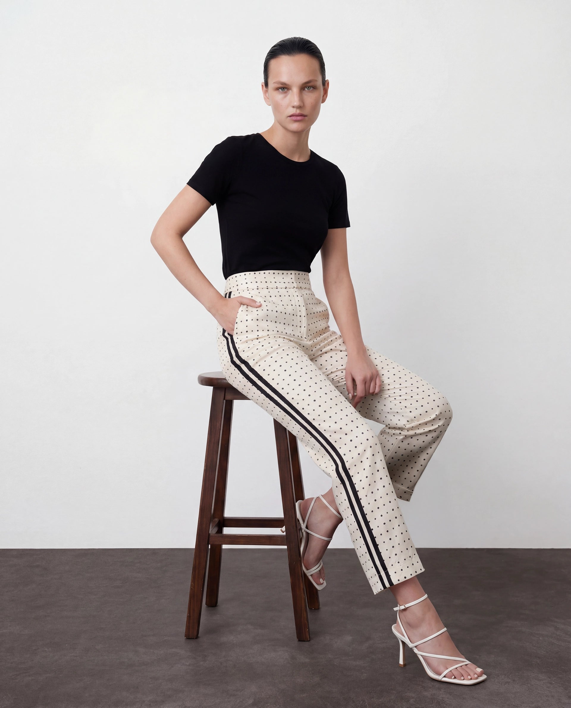 Rareism Women's Dales Beige Polyester Polka Print Ankle Length Tailored Trouser