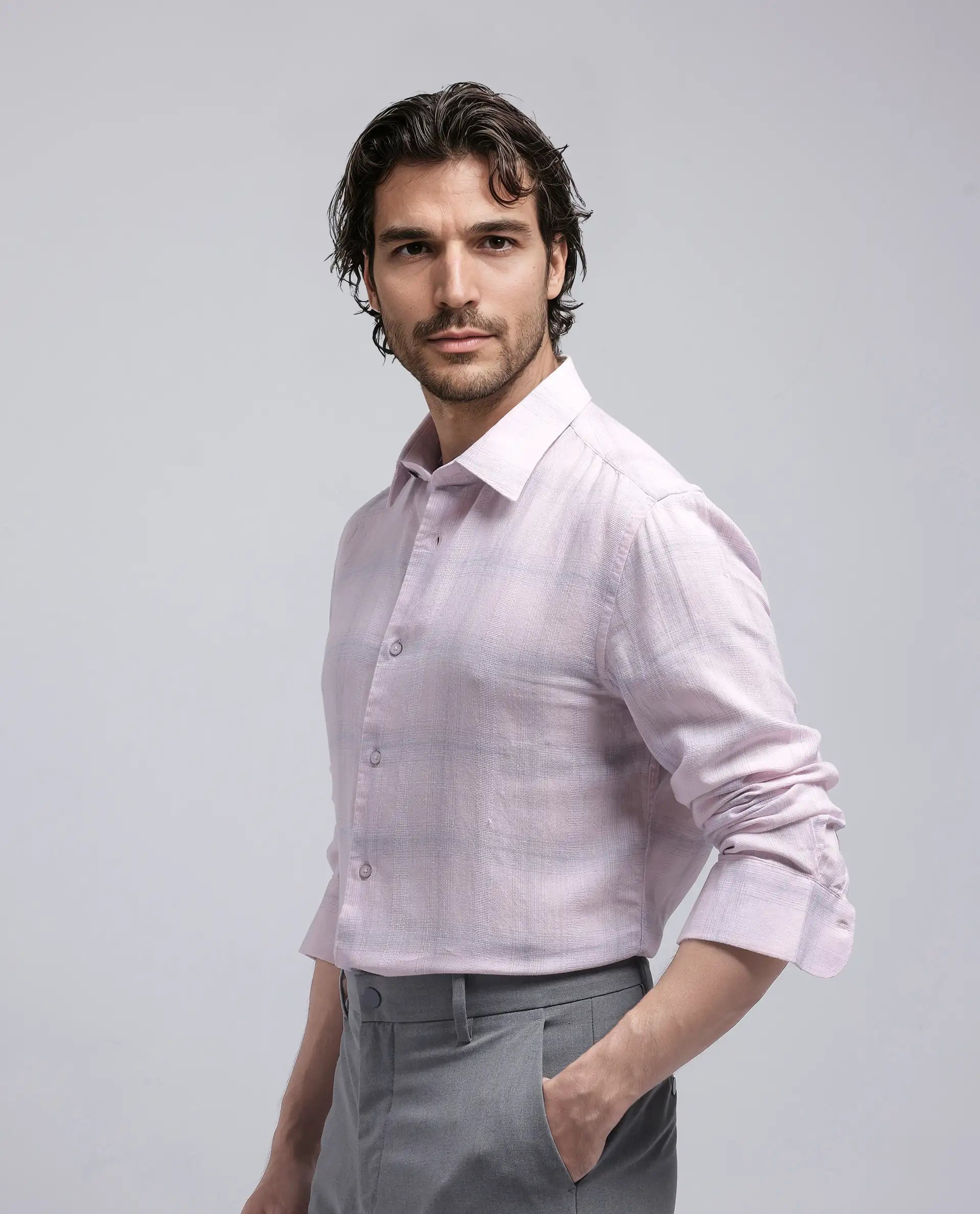 Rare Rabbit Men Eamon Light Pink Lyocell Linen Fabric Full Sleeve Collared Neck Button Closure Checked Shirt