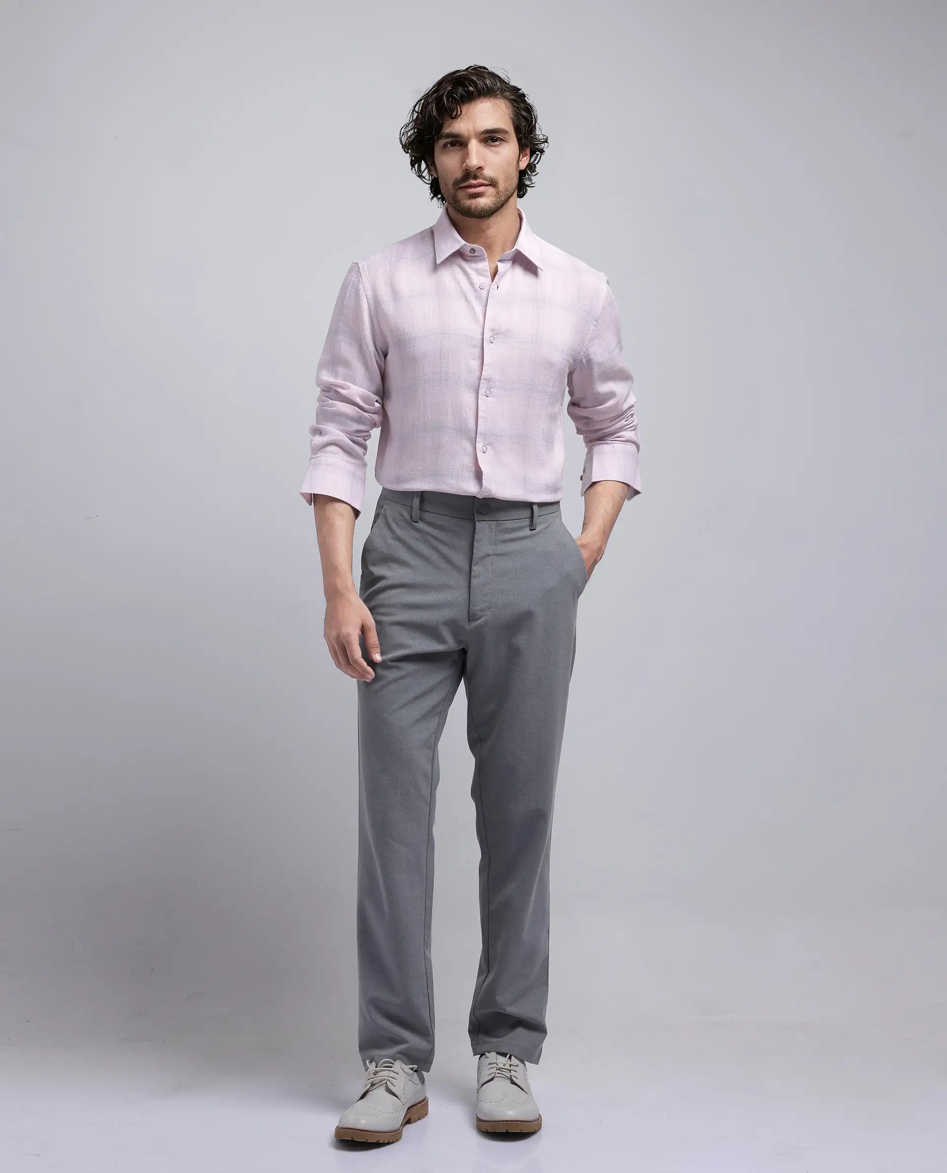 Rare Rabbit Men Eamon Light Pink Lyocell Linen Fabric Full Sleeve Collared Neck Button Closure Checked Shirt