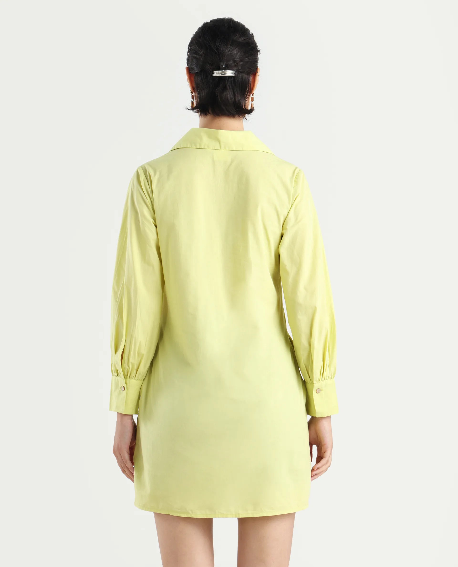 Rareism Women's Earo Light Green Cotton Drop Collar Plain Cuffed Sleeve Mini Regular Fit Dress