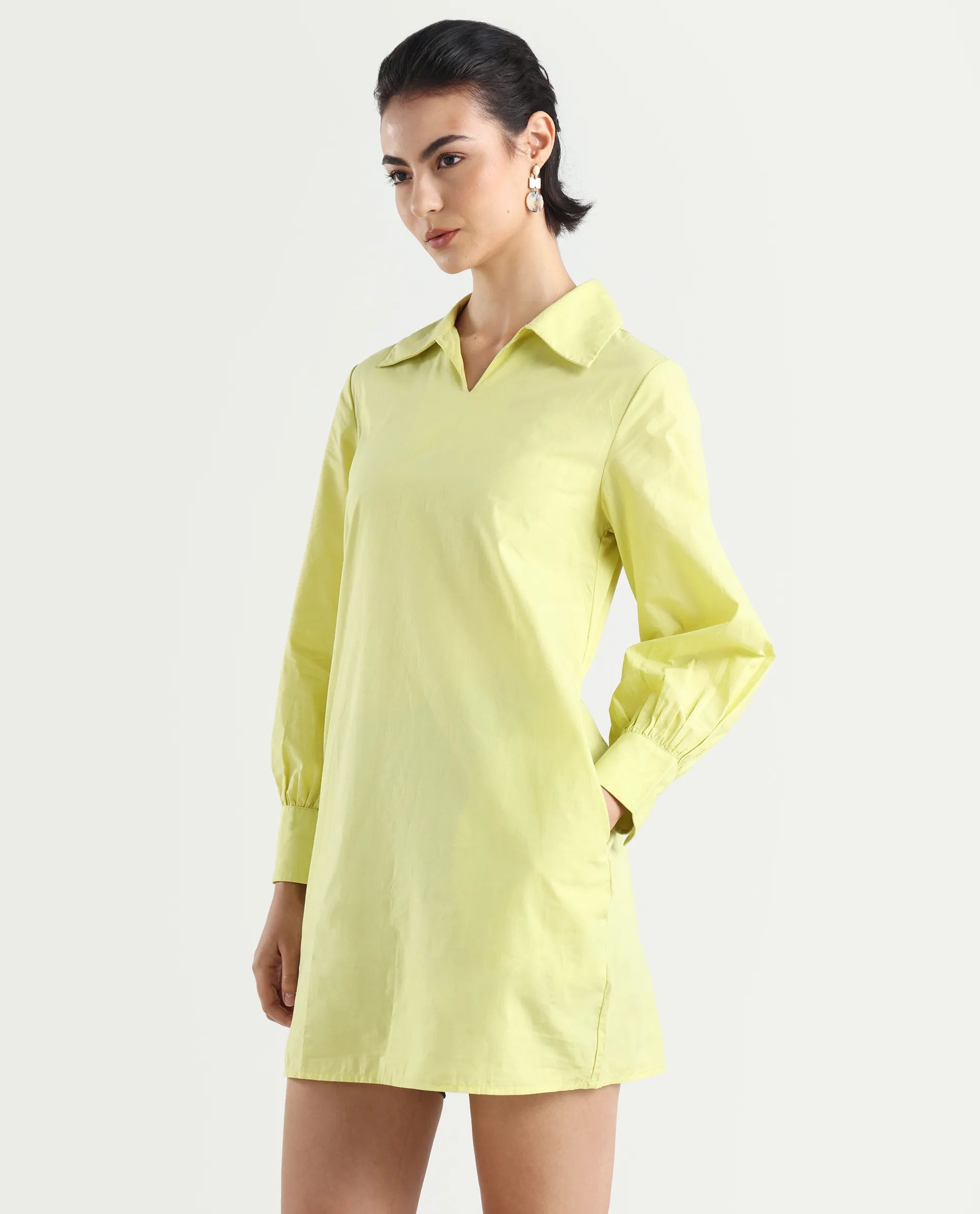 Rareism Women's Earo Light Green Cotton Drop Collar Plain Cuffed Sleeve Mini Regular Fit Dress