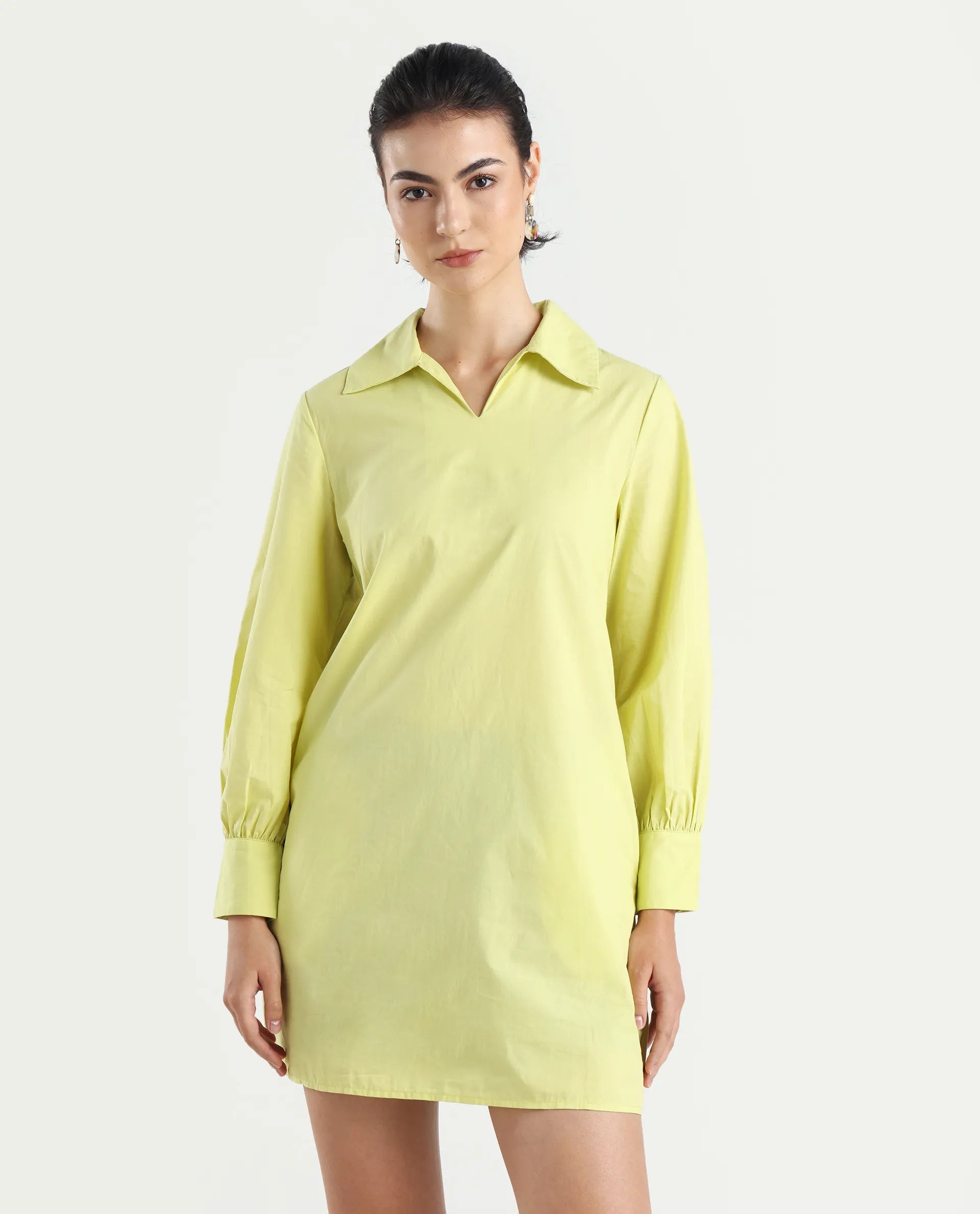 Rareism Women's Earo Light Green Cotton Drop Collar Plain Cuffed Sleeve Mini Regular Fit Dress