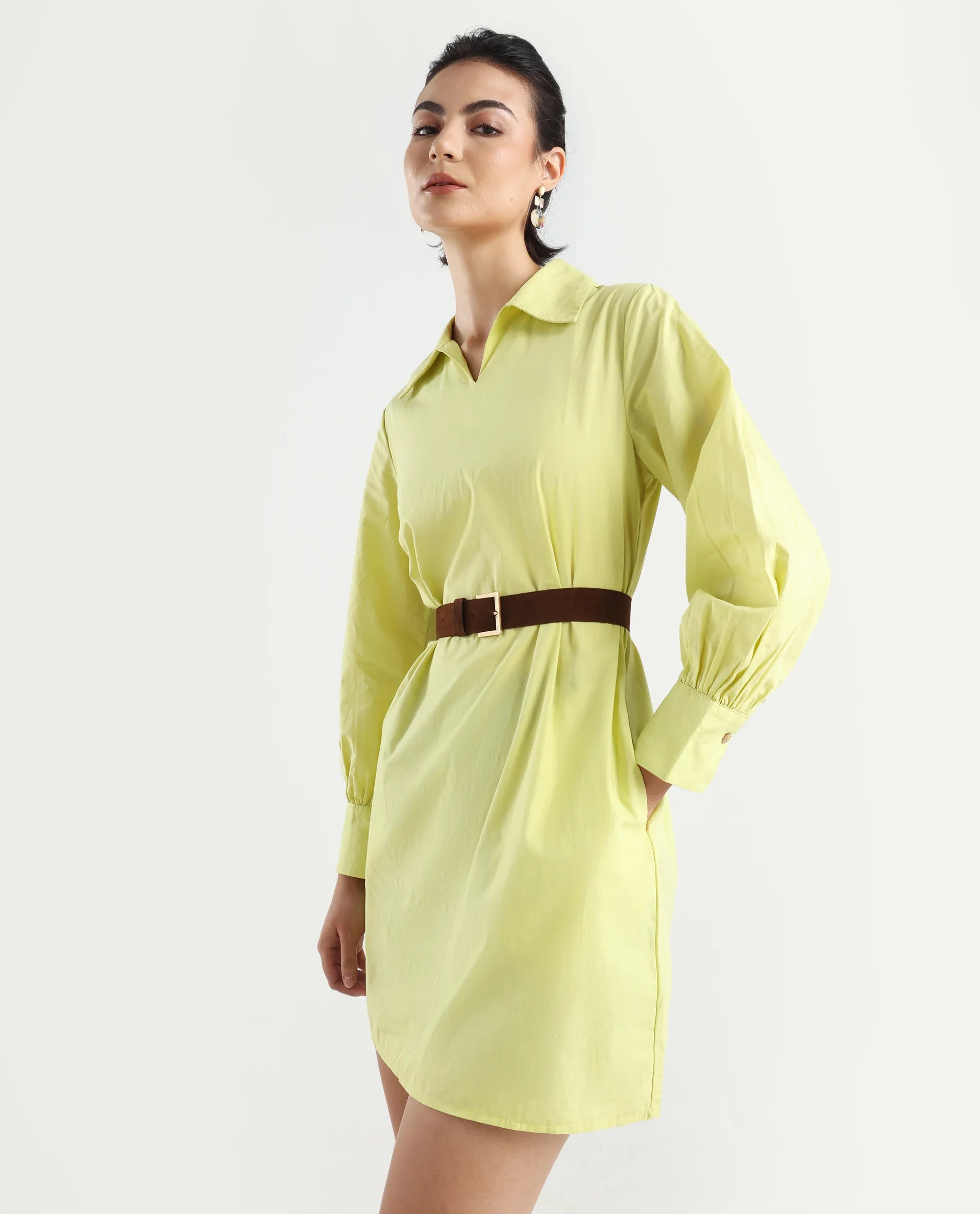 Rareism Women's Earo Light Green Cotton Drop Collar Plain Cuffed Sleeve Mini Regular Fit Dress