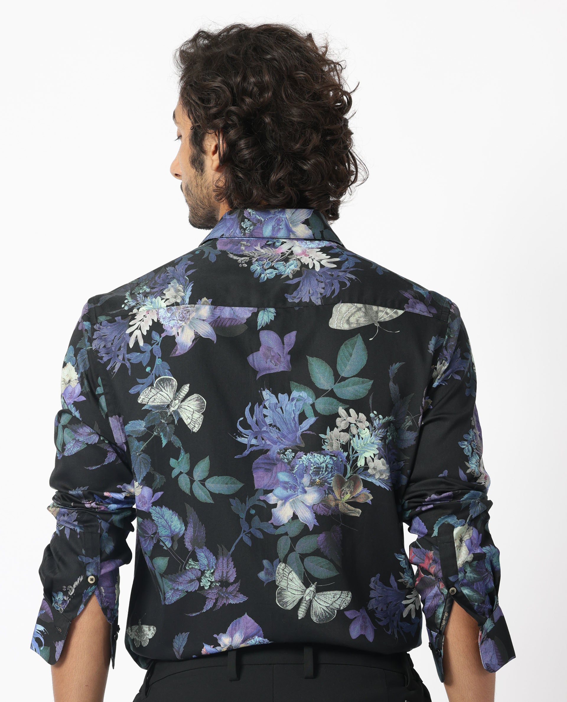 Rare Rabbit Men's Ease Black Cotton Modal Fabric Floral Print Full Sleeves Shirt