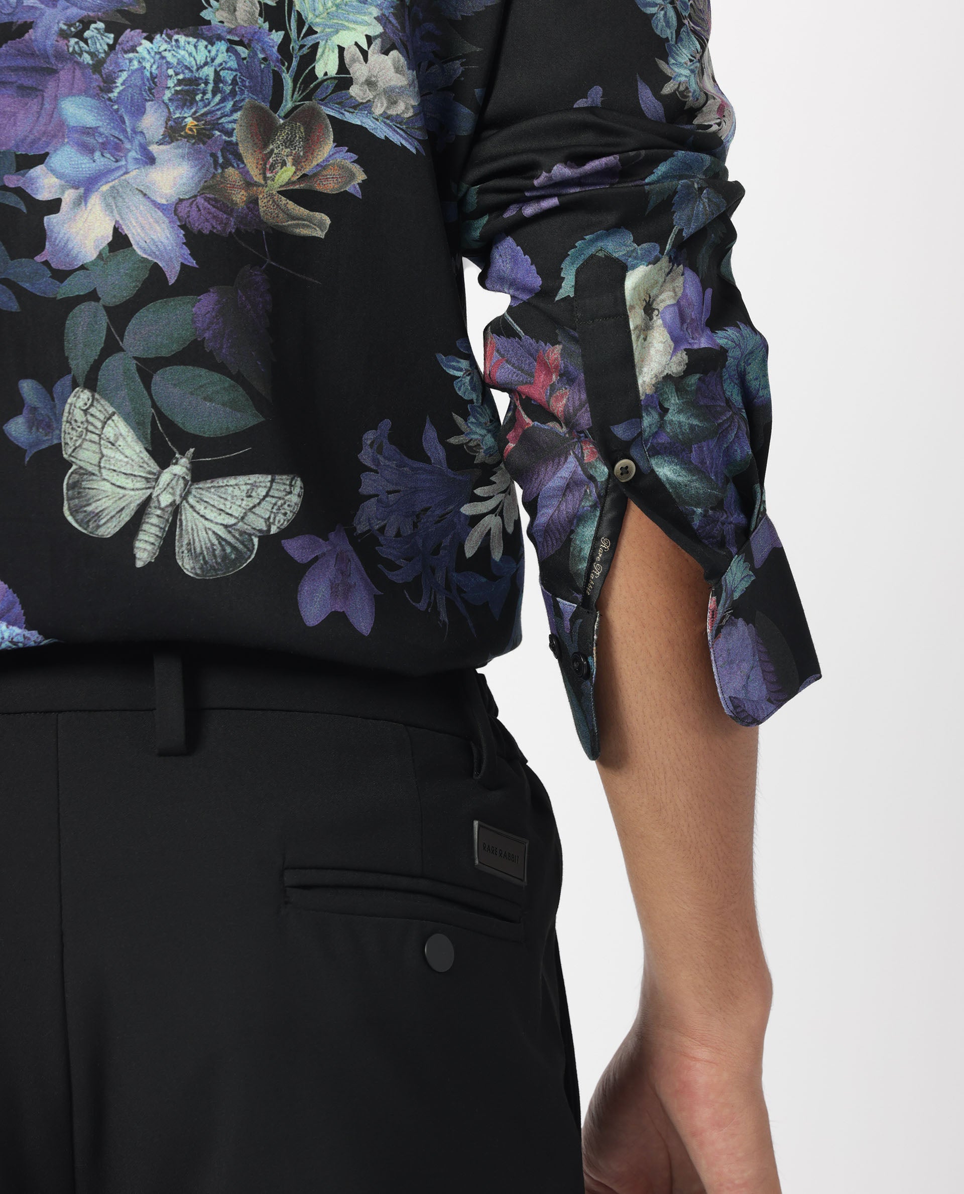 Rare Rabbit Men's Ease Black Cotton Modal Fabric Floral Print Full Sleeves Shirt