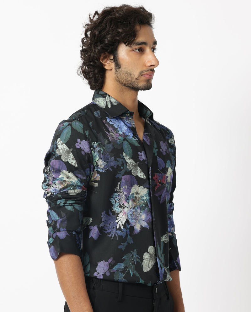 Rare Rabbit Men's Ease Black Cotton Modal Fabric Floral Print Full Sleeves Shirt