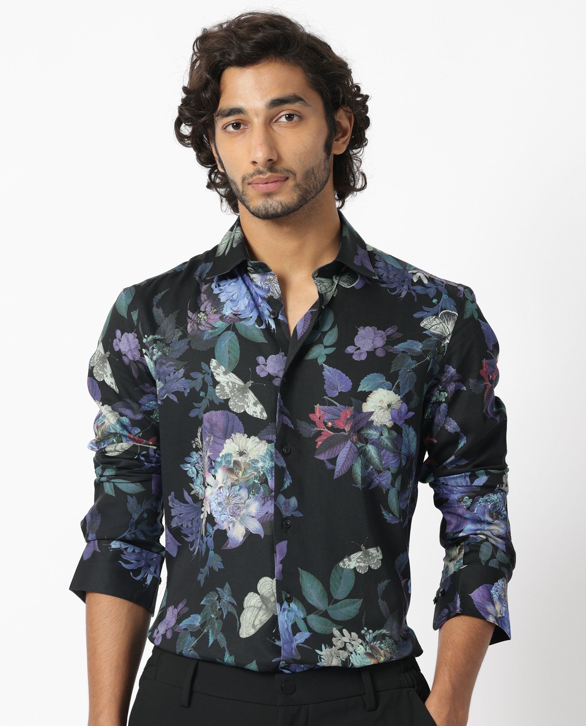 Rare Rabbit Men's Ease Black Cotton Modal Fabric Floral Print Full Sleeves Shirt