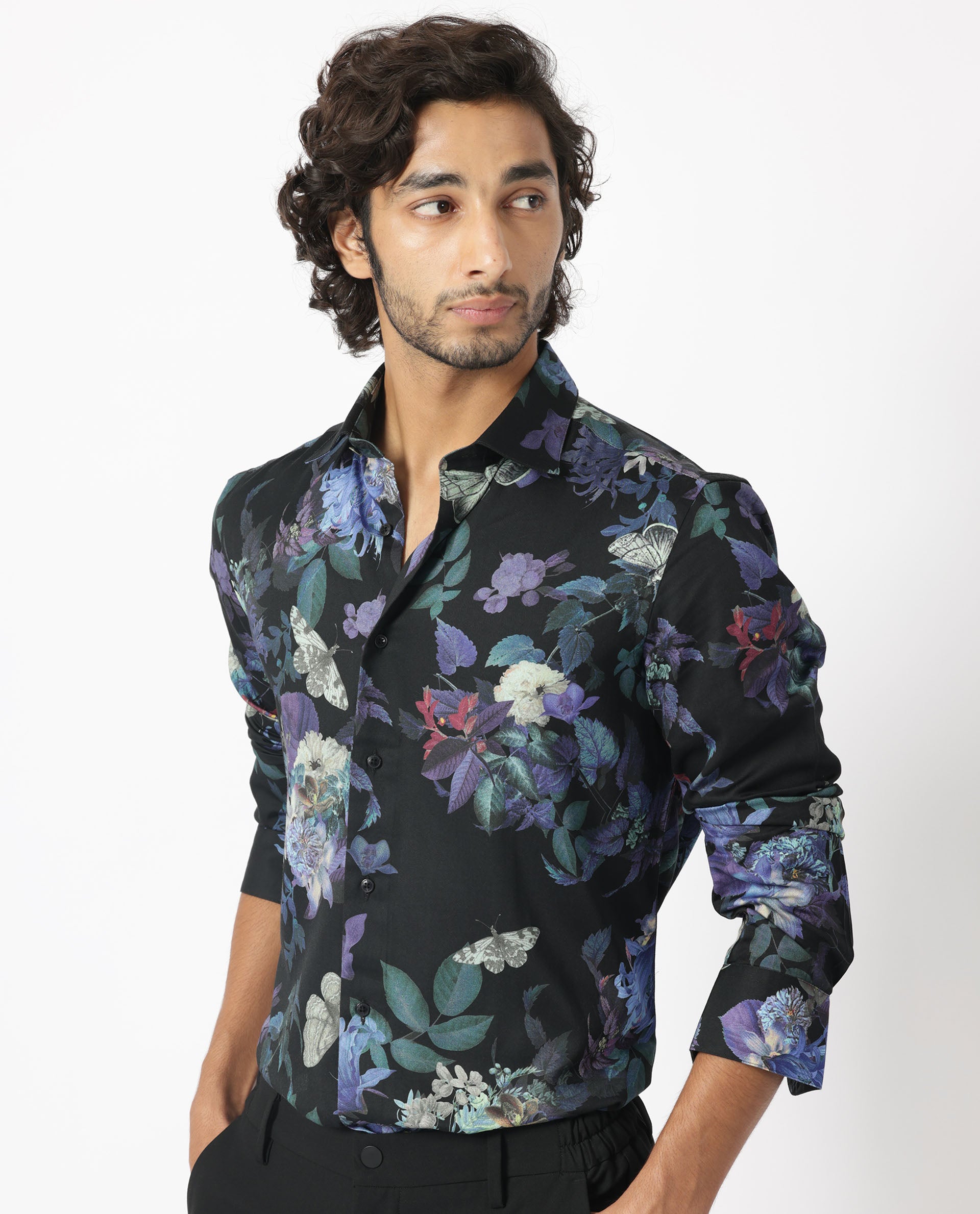 Rare Rabbit Men's Ease Black Cotton Modal Fabric Floral Print Full Sleeves Shirt