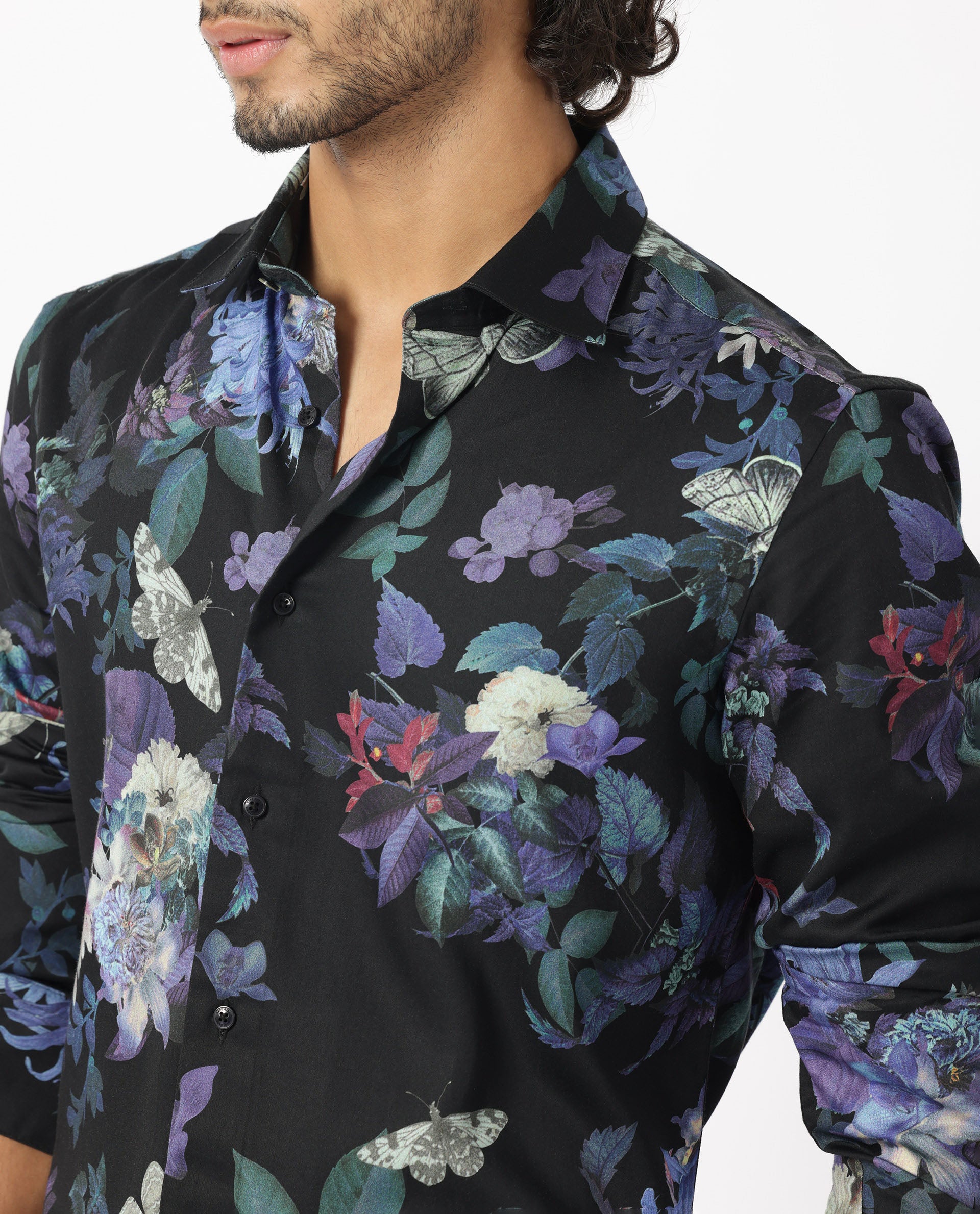 Rare Rabbit Men's Ease Black Cotton Modal Fabric Floral Print Full Sleeves Shirt