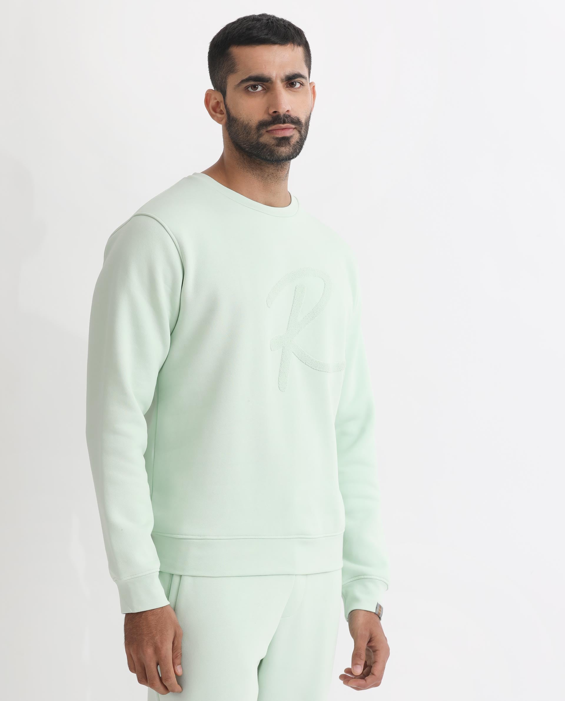 Rare Rabbit Men's East Light Green Cotton Polyester Fabric Full Sleeves Towel Embroidery Branding Sweatshirt