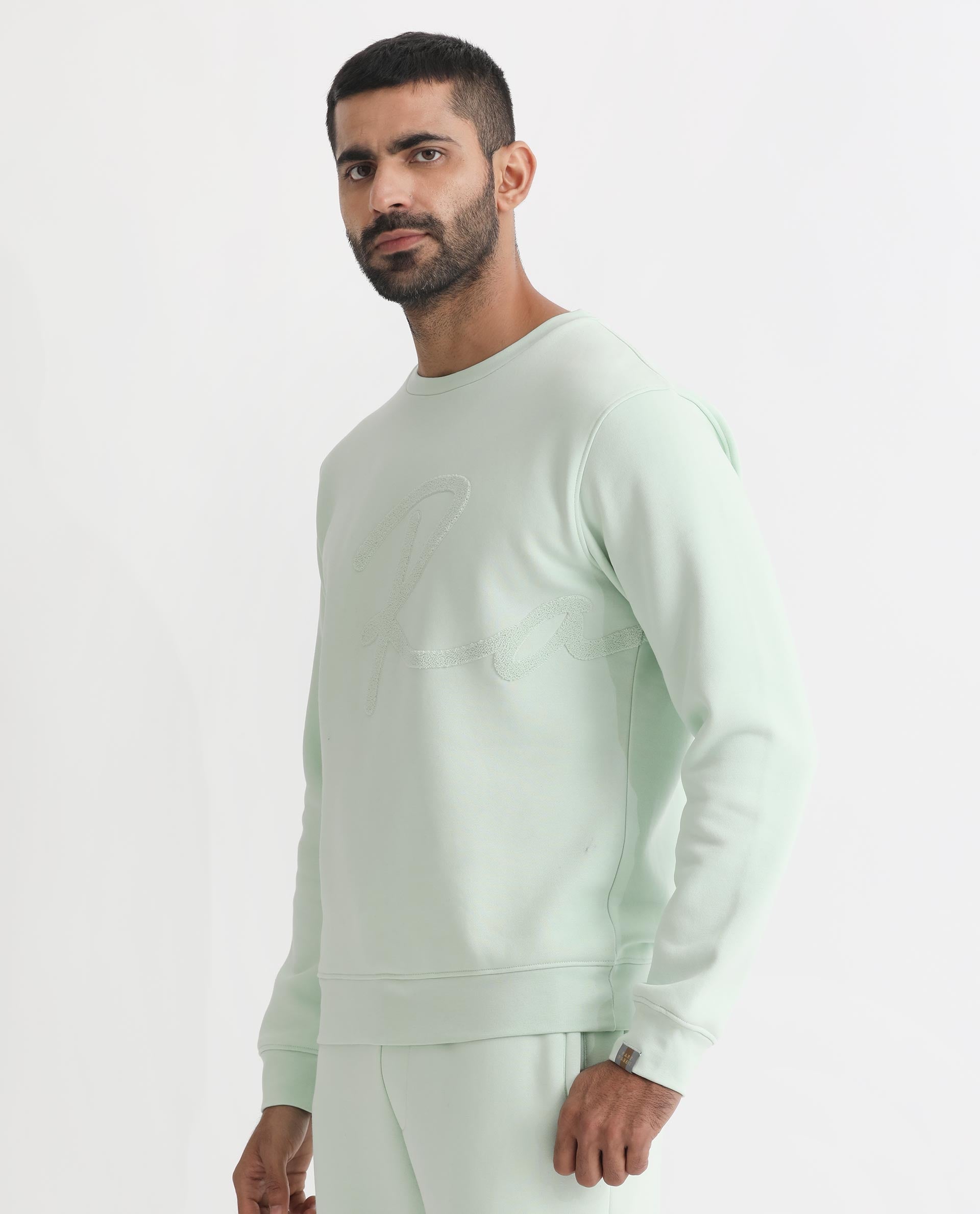 Rare Rabbit Men's East Light Green Cotton Polyester Fabric Full Sleeves Towel Embroidery Branding Sweatshirt
