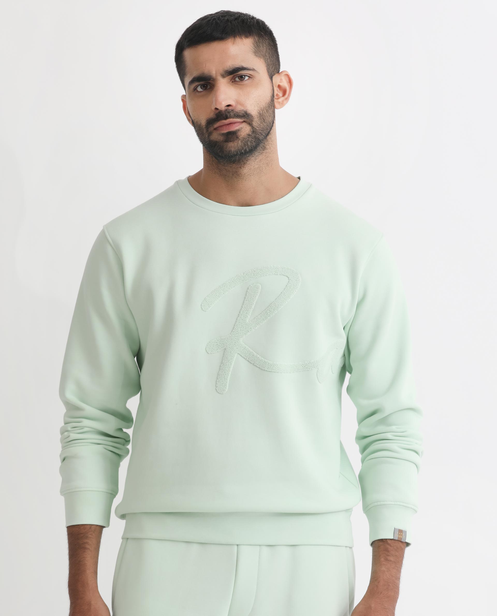 Rare Rabbit Men's East Light Green Cotton Polyester Fabric Full Sleeves Towel Embroidery Branding Sweatshirt