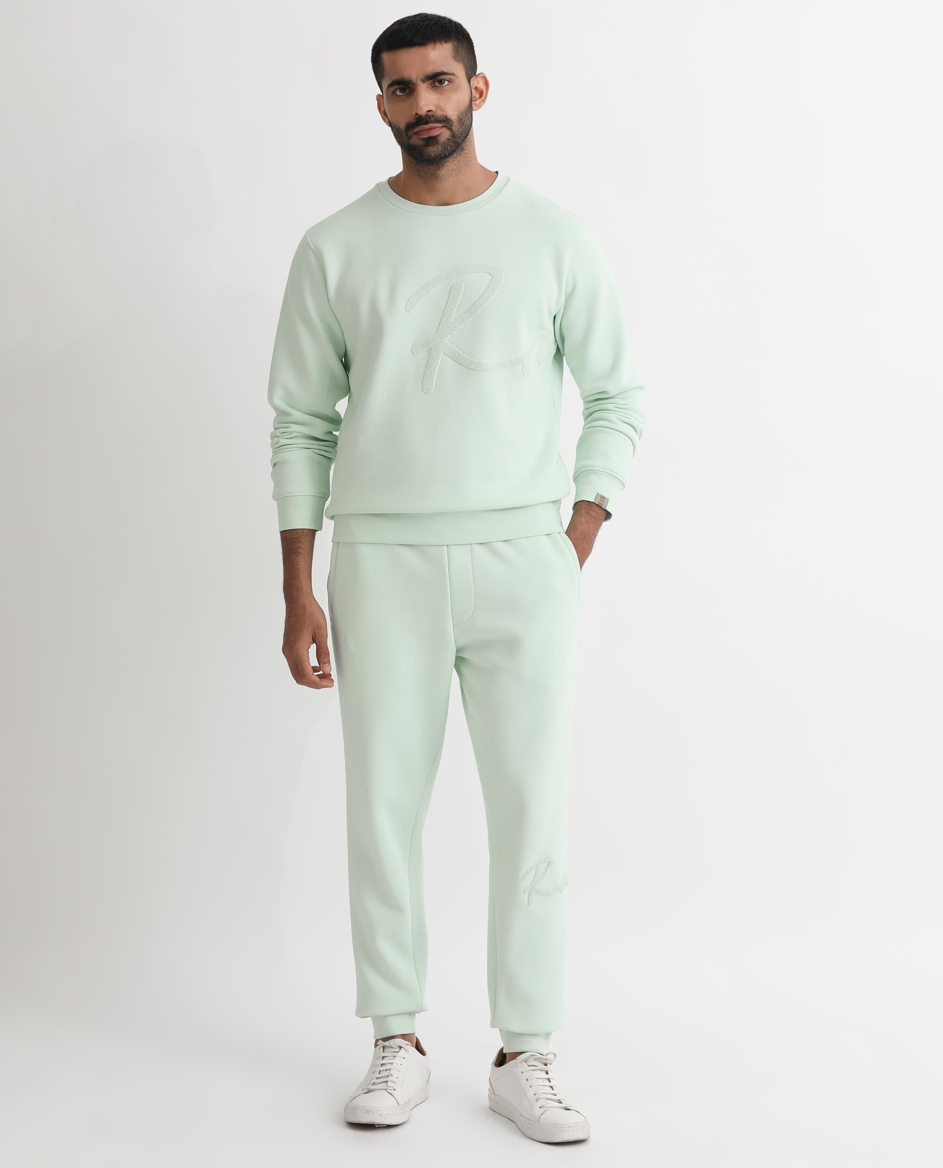 Rare Rabbit Men's East Light Green Cotton Polyester Fabric Full Sleeves Towel Embroidery Branding Sweatshirt