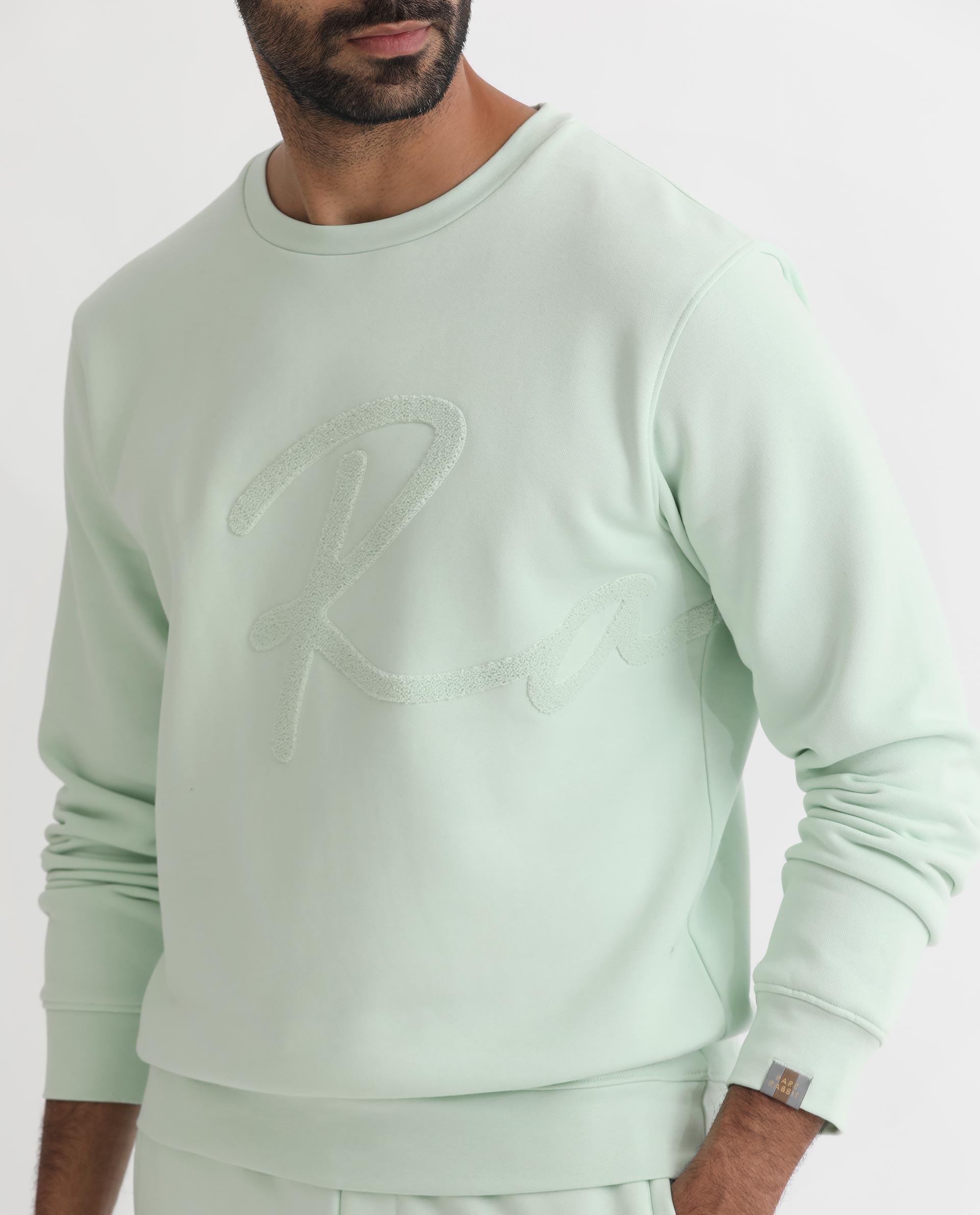 Rare Rabbit Men's East Light Green Cotton Polyester Fabric Full Sleeves Towel Embroidery Branding Sweatshirt