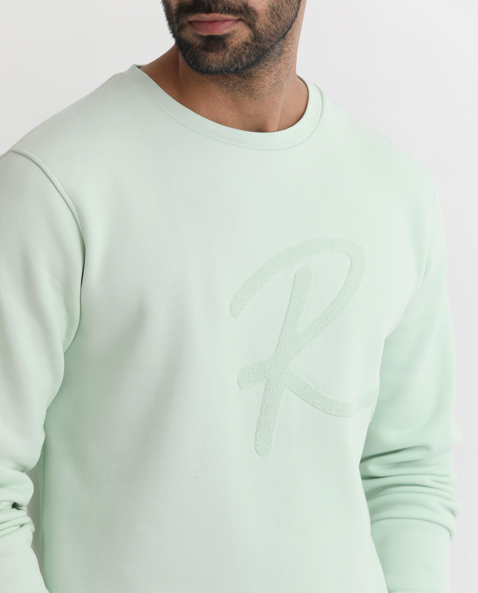 Rare Rabbit Men's East Light Green Cotton Polyester Fabric Full Sleeves Towel Embroidery Branding Sweatshirt