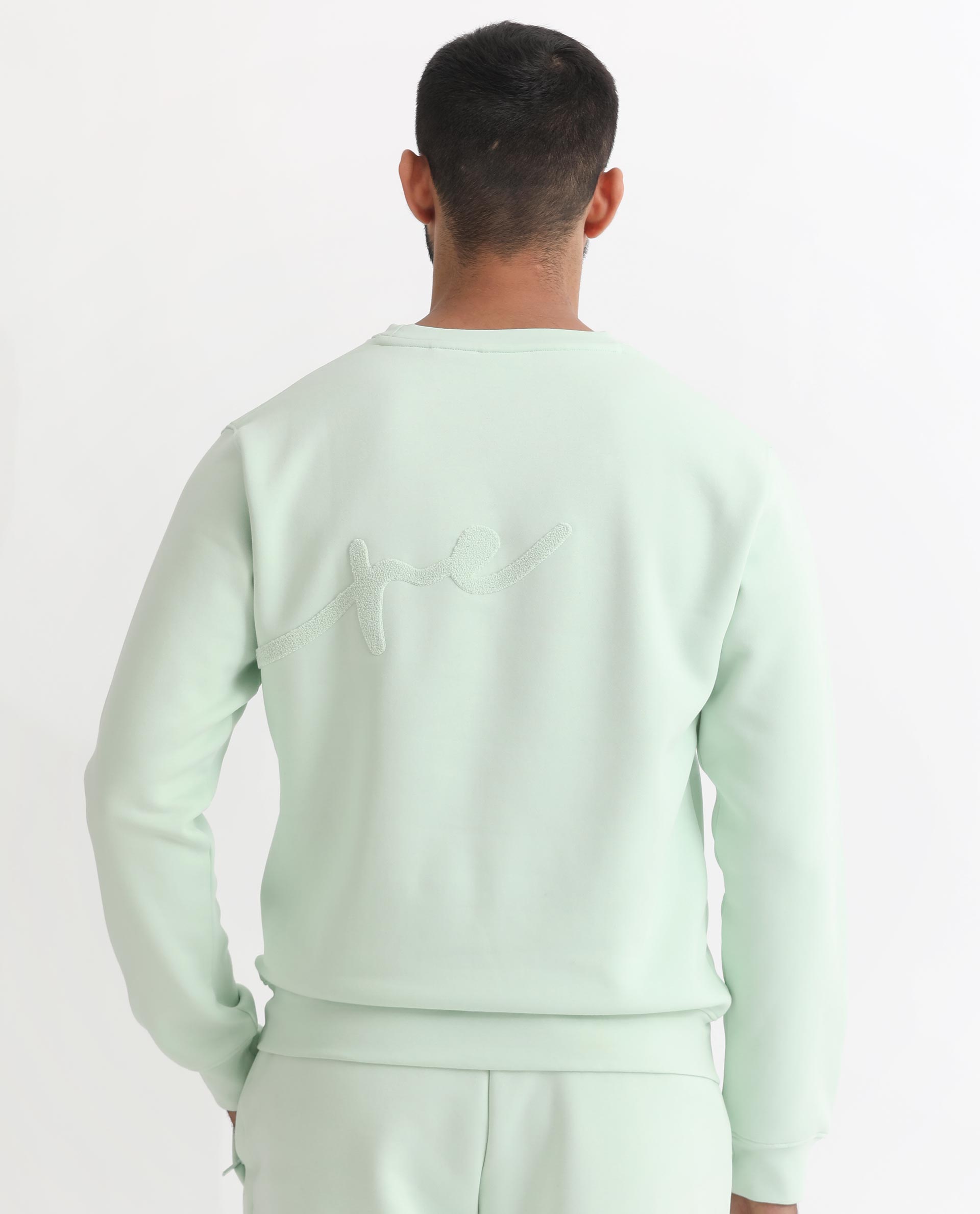 Rare Rabbit Men's East Light Green Cotton Polyester Fabric Full Sleeves Towel Embroidery Branding Sweatshirt