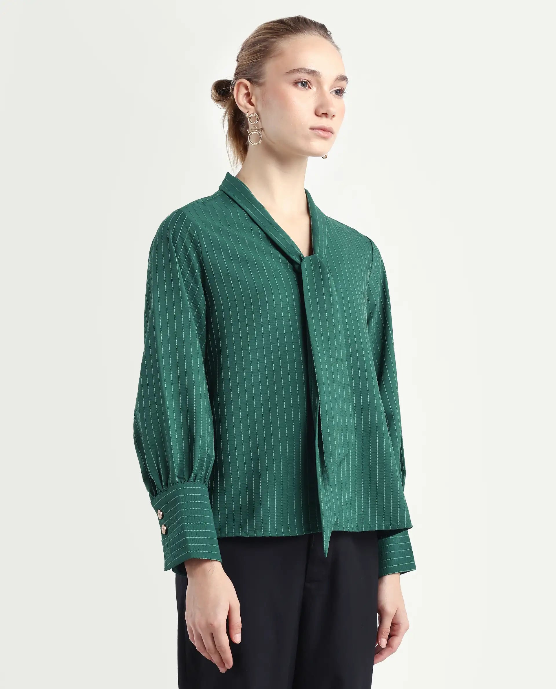 Rareism Women's Eawho Green Polyester Tie-Up Neck Plain Bishop Sleeve Regular Fit Top