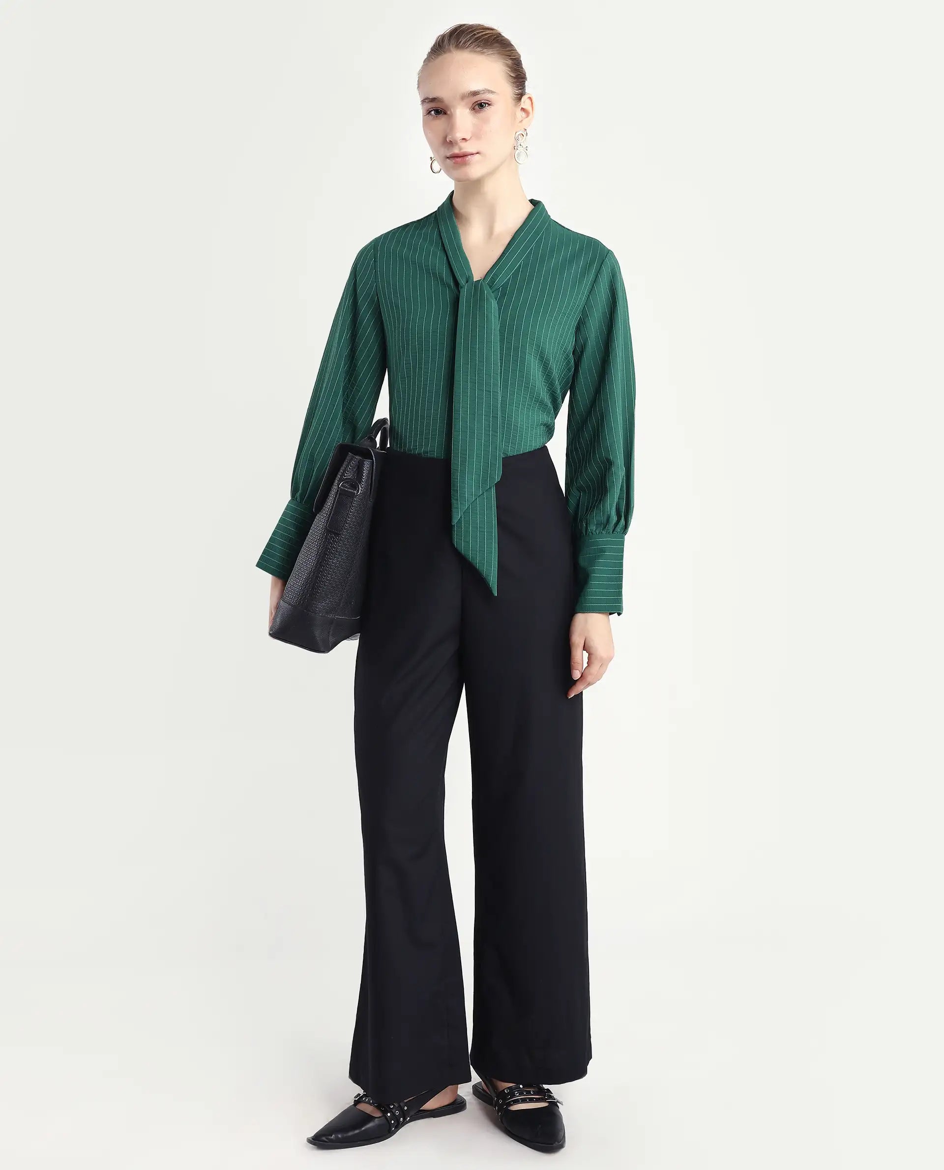 Rareism Women's Eawho Green Polyester Tie-Up Neck Plain Bishop Sleeve Regular Fit Top