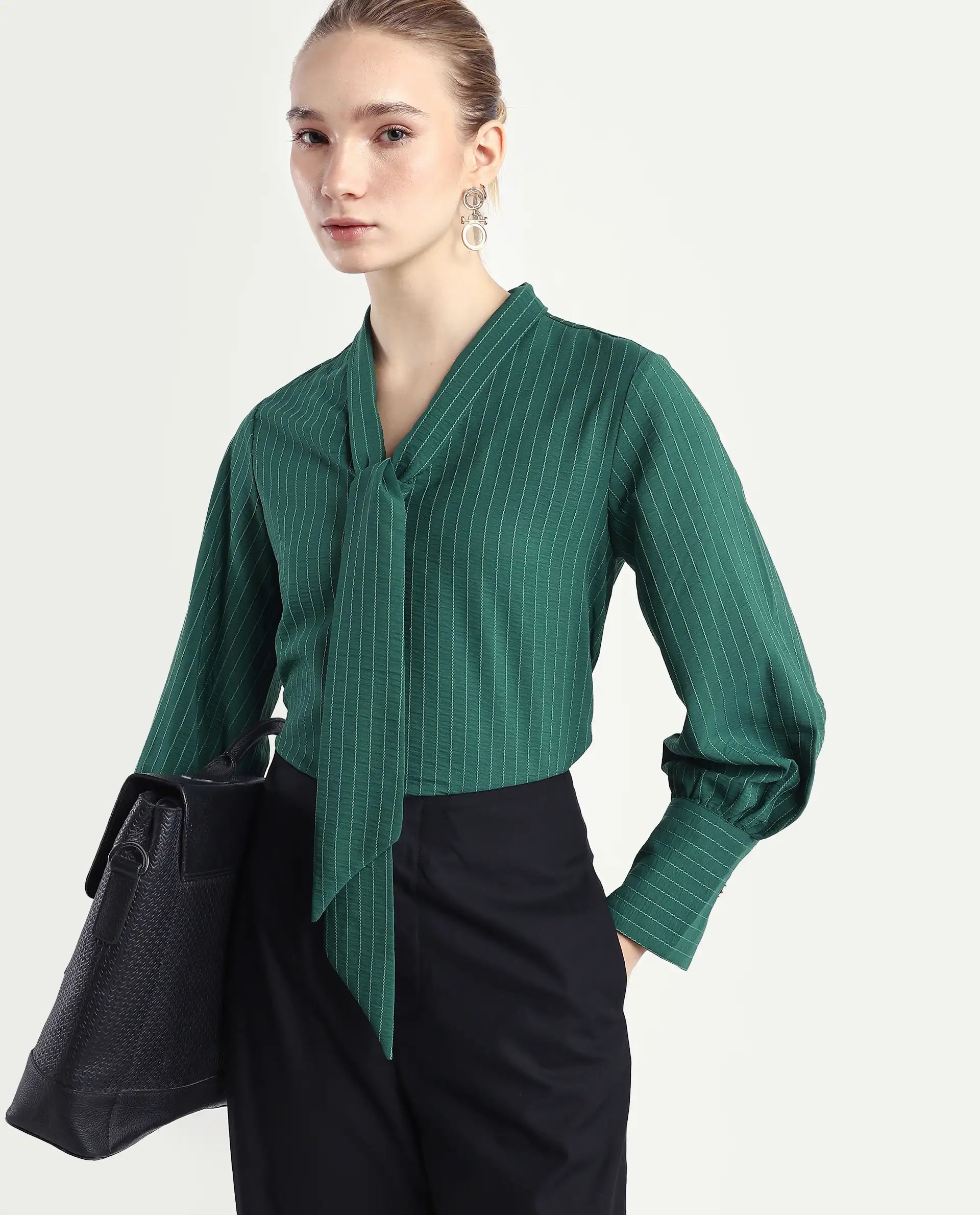 Rareism Women's Eawho Green Polyester Tie-Up Neck Plain Bishop Sleeve Regular Fit Top