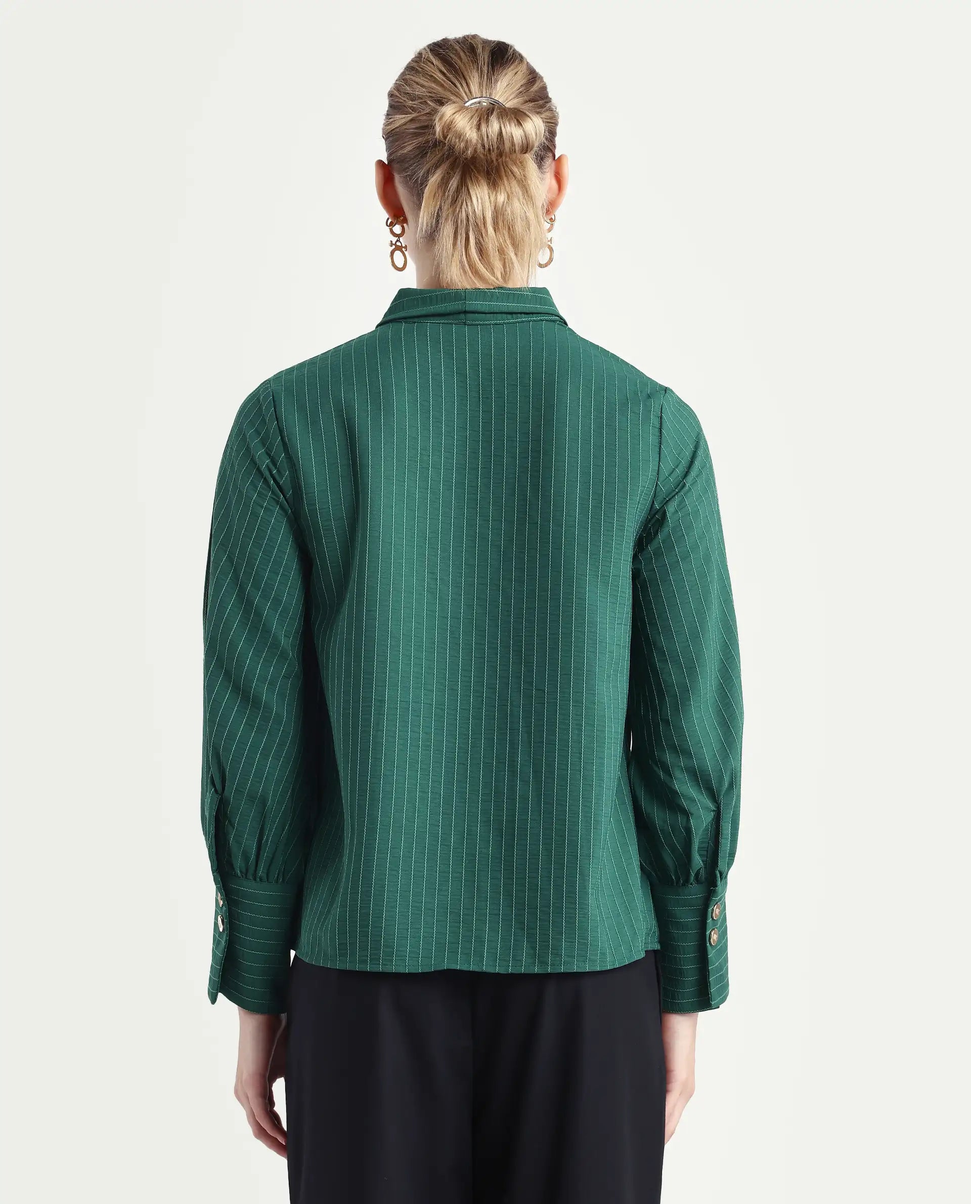 Rareism Women's Eawho Green Polyester Tie-Up Neck Plain Bishop Sleeve Regular Fit Top