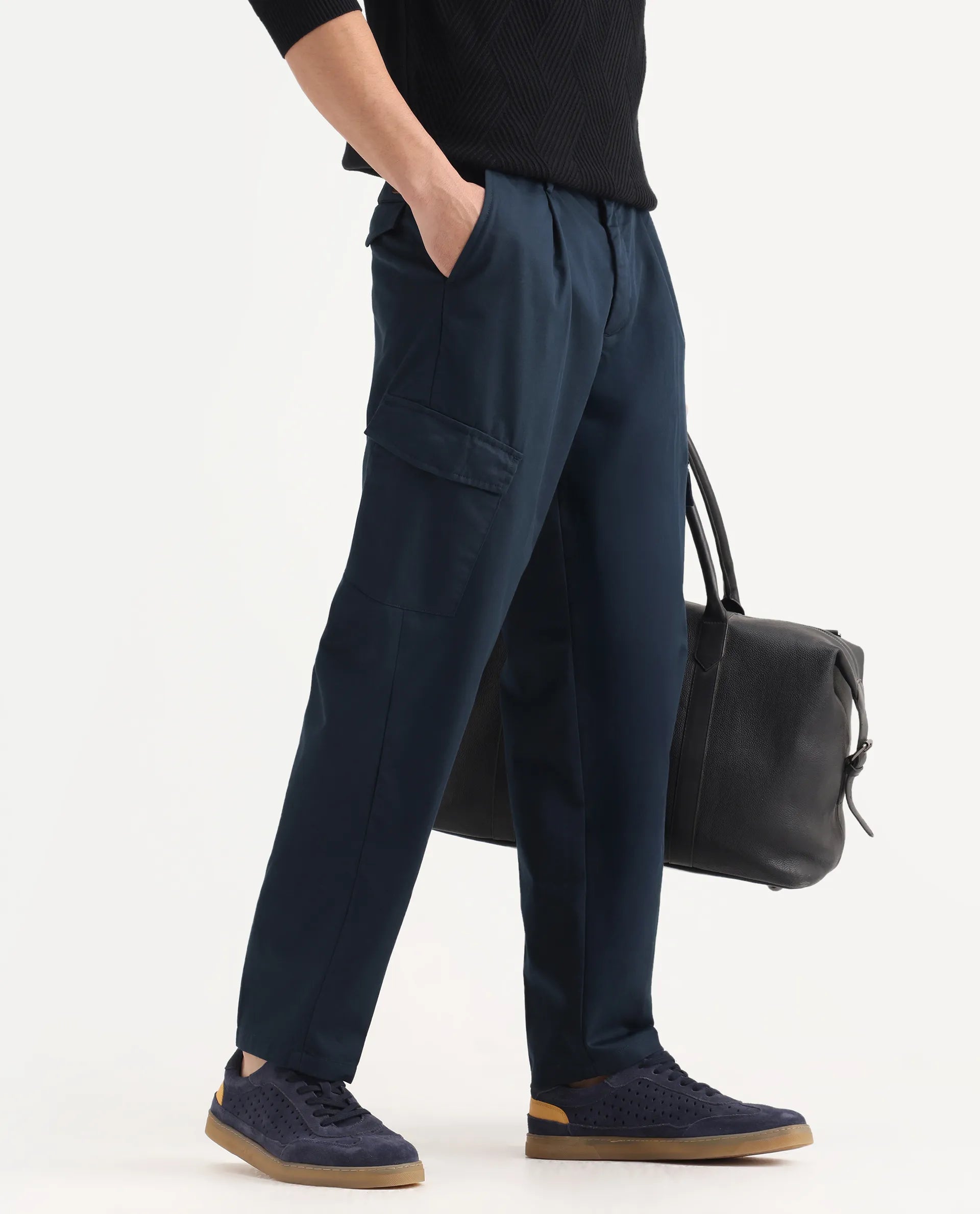 Rare Rabbit Men's Eber Navy Cotton Plain Regular Fit Trouser