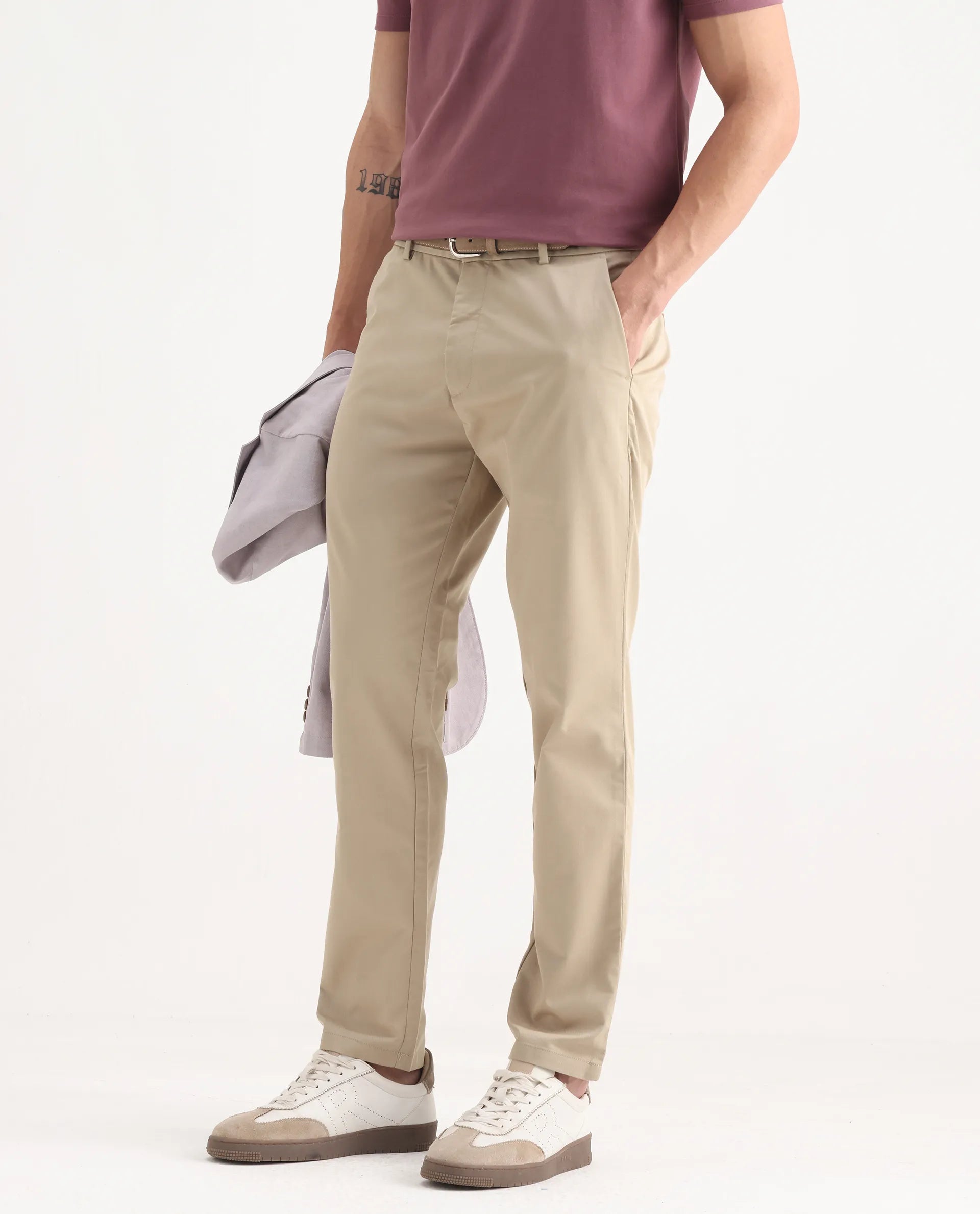 Rare Rabbit Men's Ebert Beige Cotton Plain Regular Fit Trouser