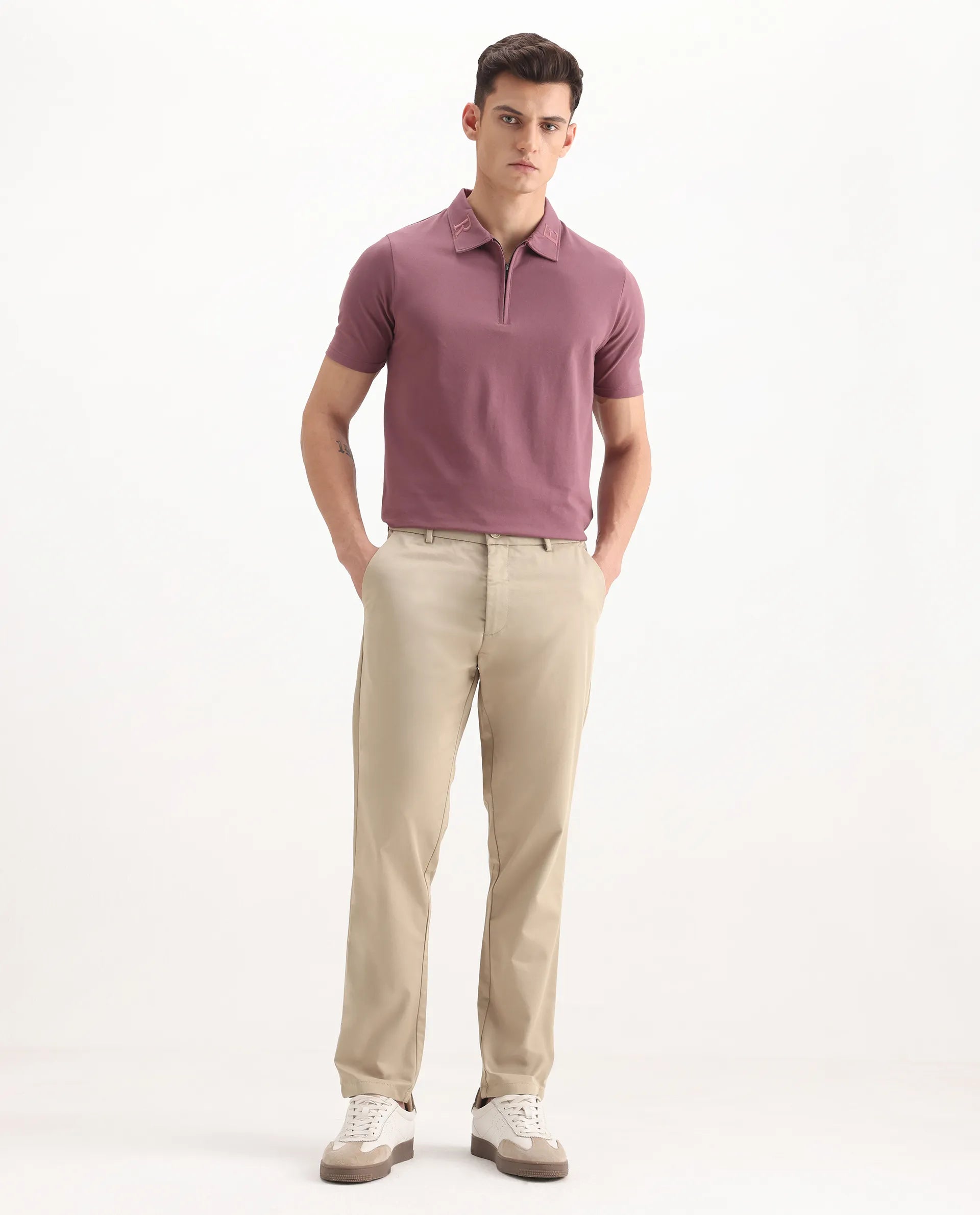 Rare Rabbit Men's Ebert Beige Cotton Plain Regular Fit Trouser