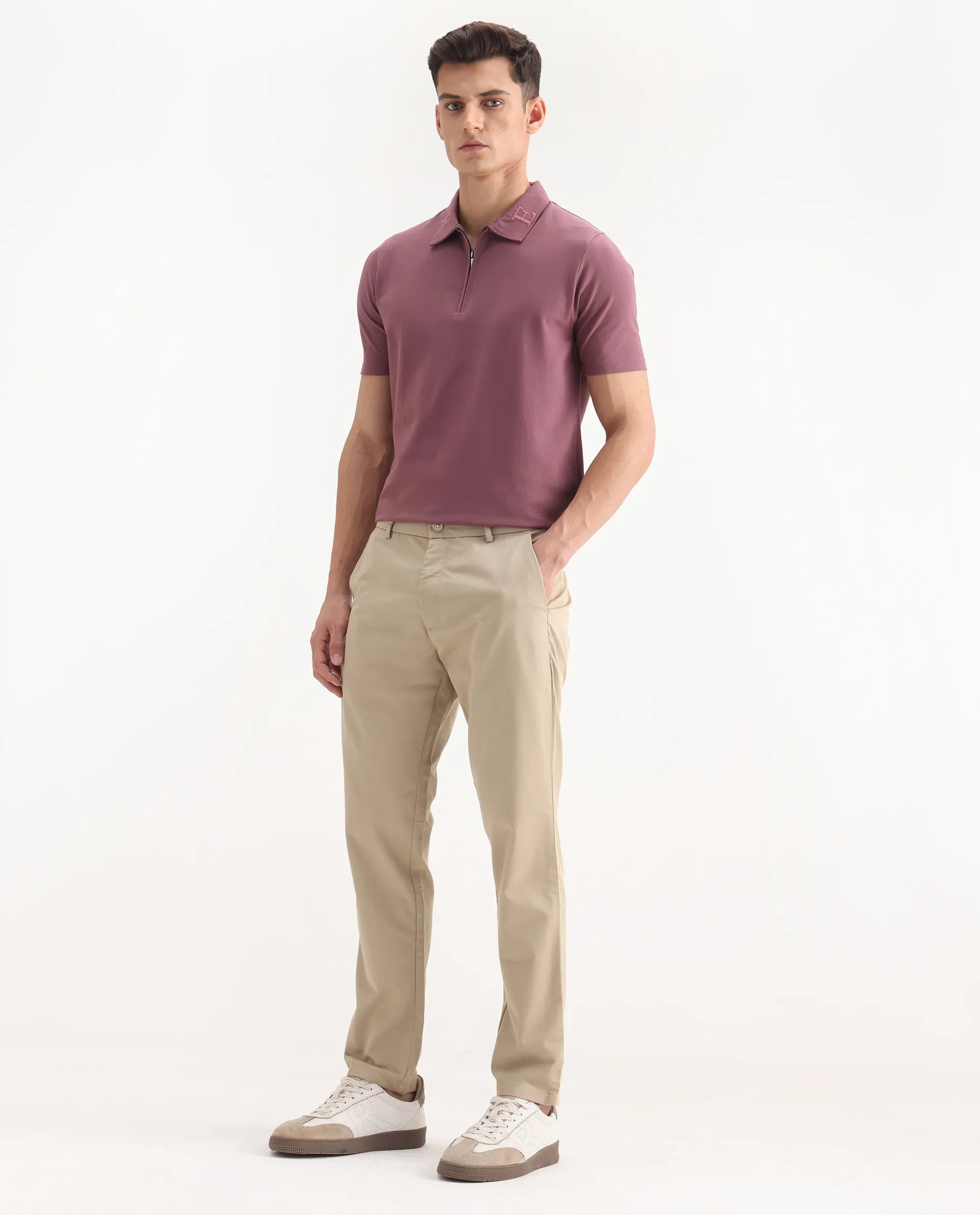Rare Rabbit Men's Ebert Beige Cotton Plain Regular Fit Trouser