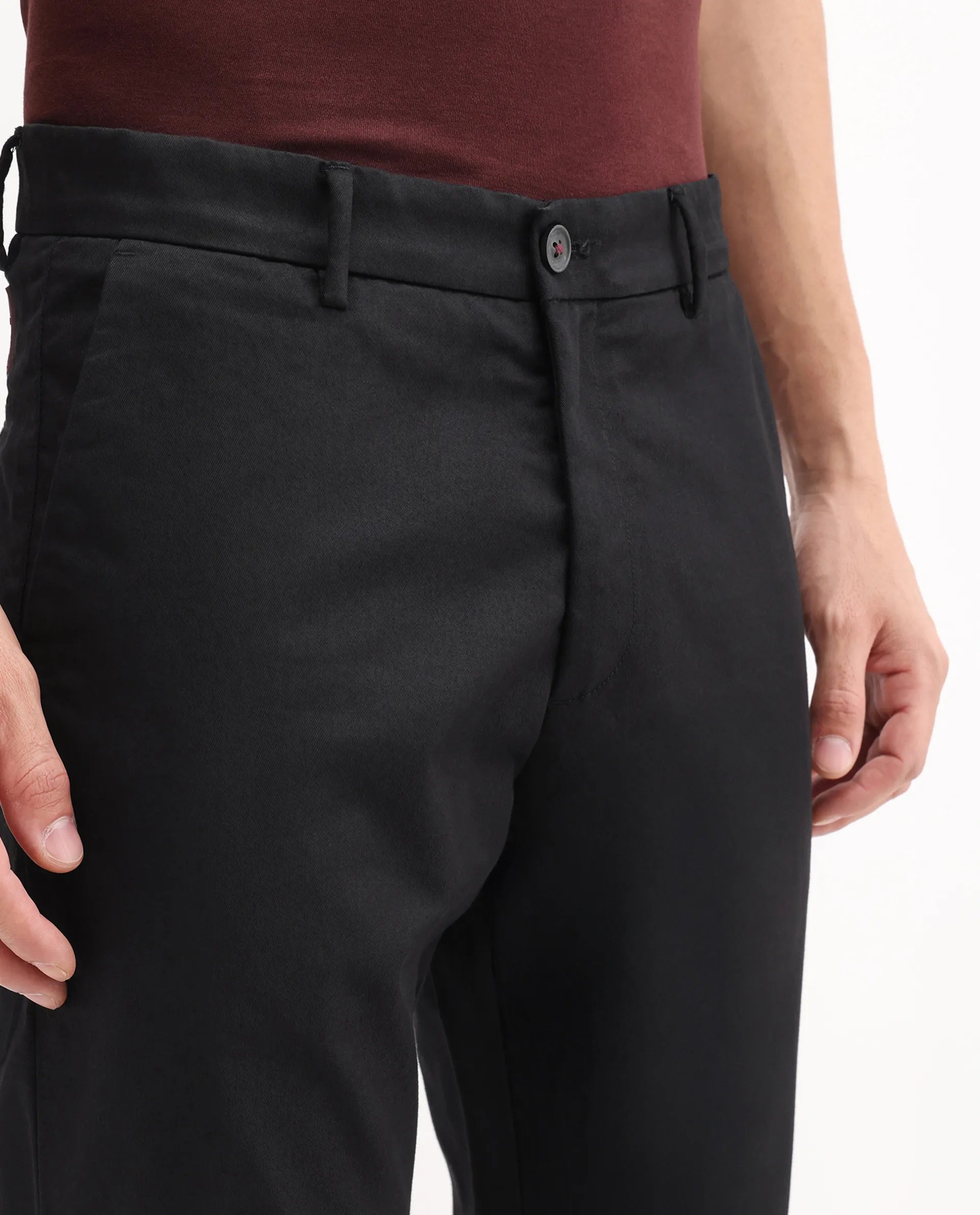 Rare Rabbit Men's Ebert Black Cotton Plain Regular Fit Trouser
