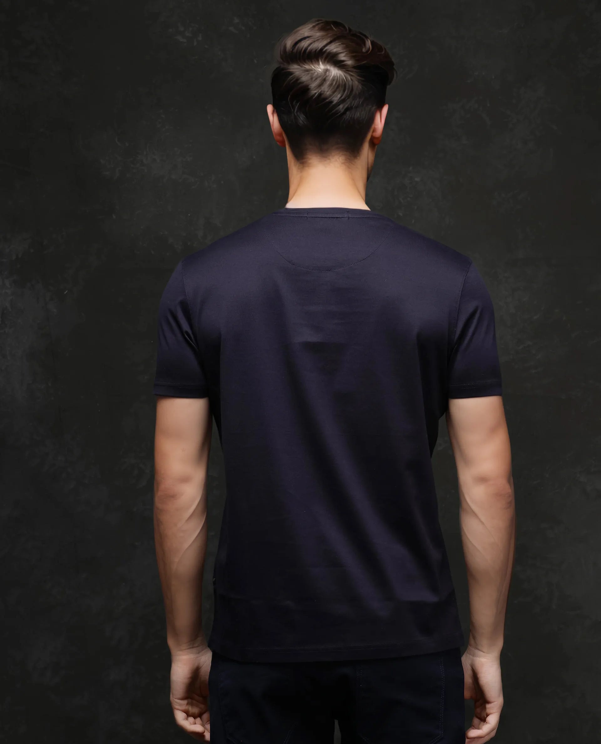 Rare Rabbit Men's Echon-1 Navy Cotton Fabric Short Sleeve Crew Neck Graphic Print T-Shirt